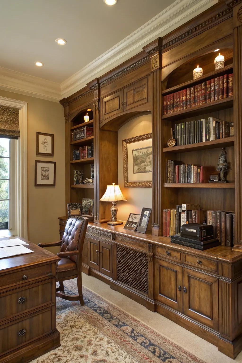 Timeless elegance with luxurious wood bookshelves.