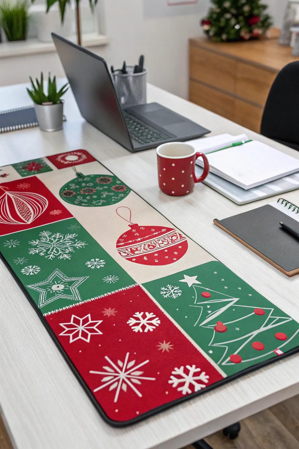 A themed desk pad gives a subtle holiday cheer.
