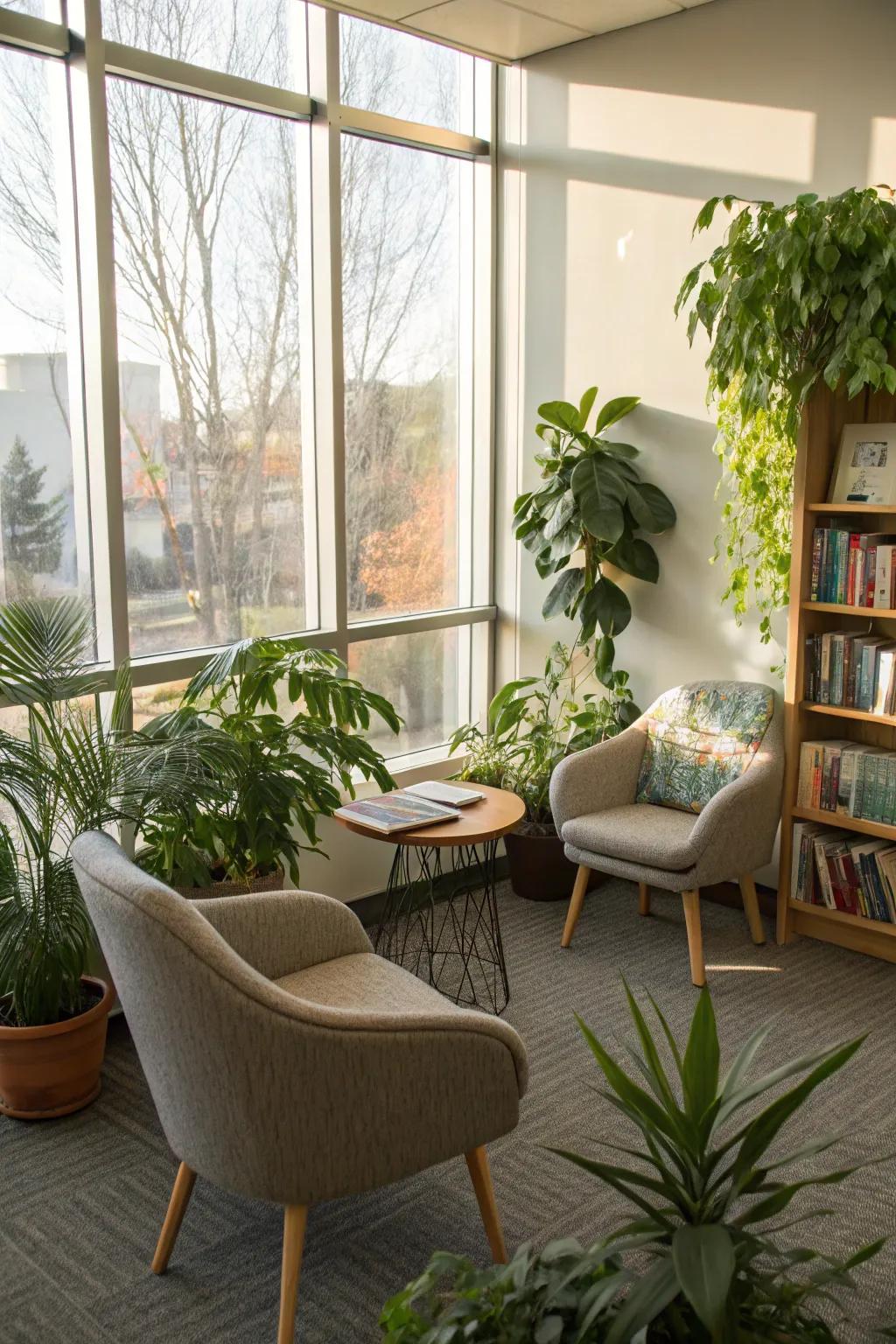 Indoor plants bring a touch of nature and tranquility to this reading area.