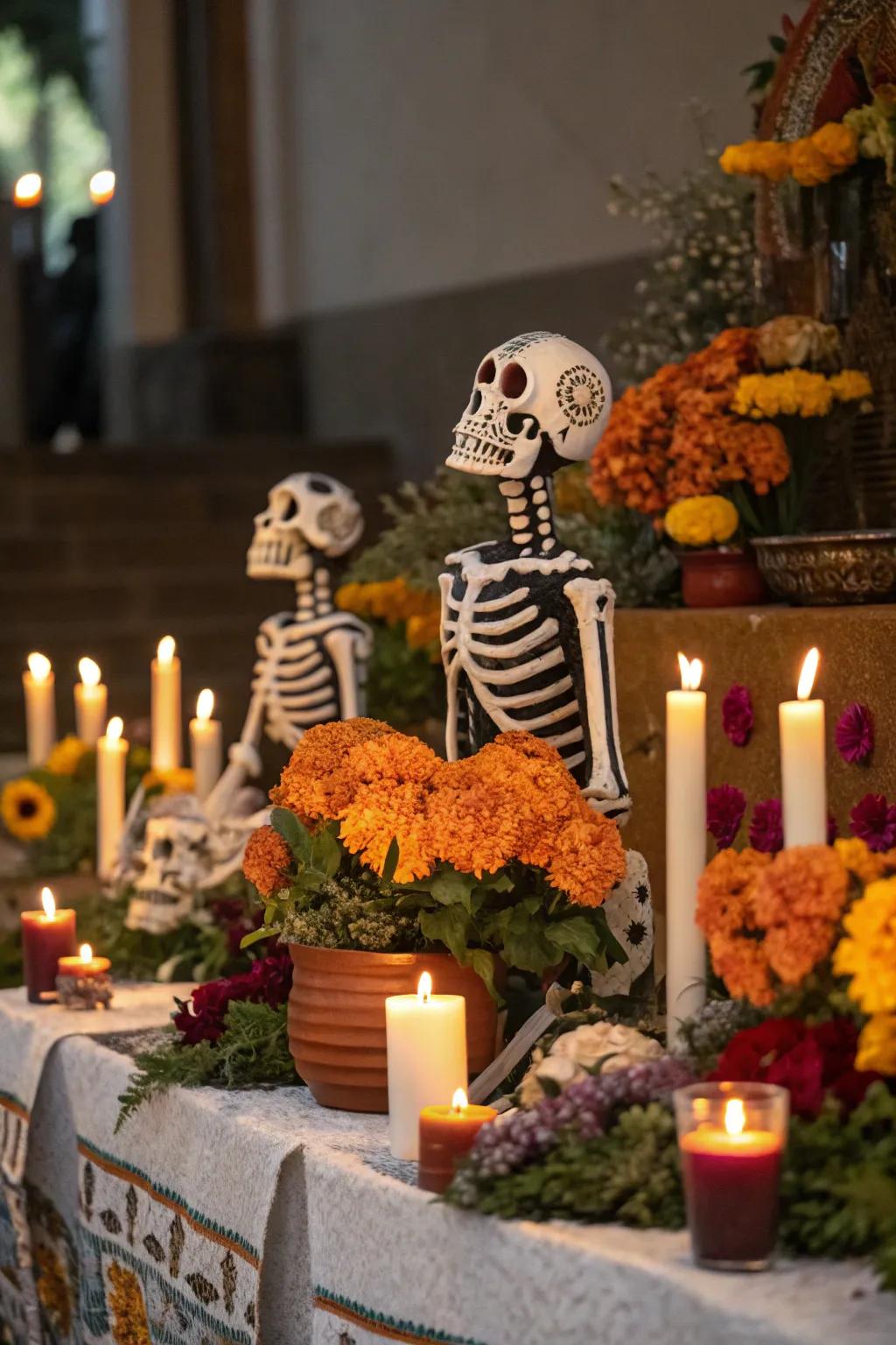 Skeleton figures bring charm and humor to your ofrenda.