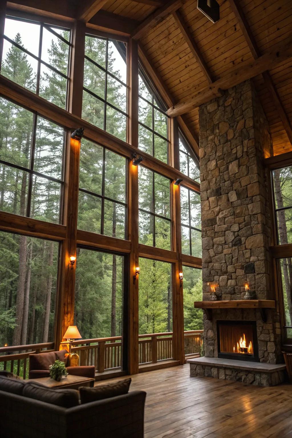 Unrefined interior with broad windows presenting a stunning forest vista.