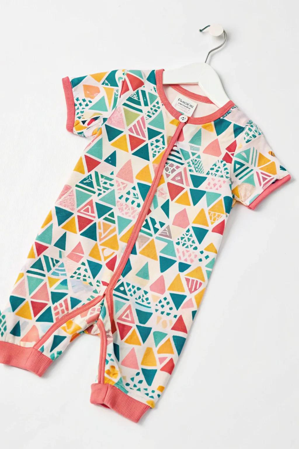 A vibrant onesie featuring striking and colorful shapes.