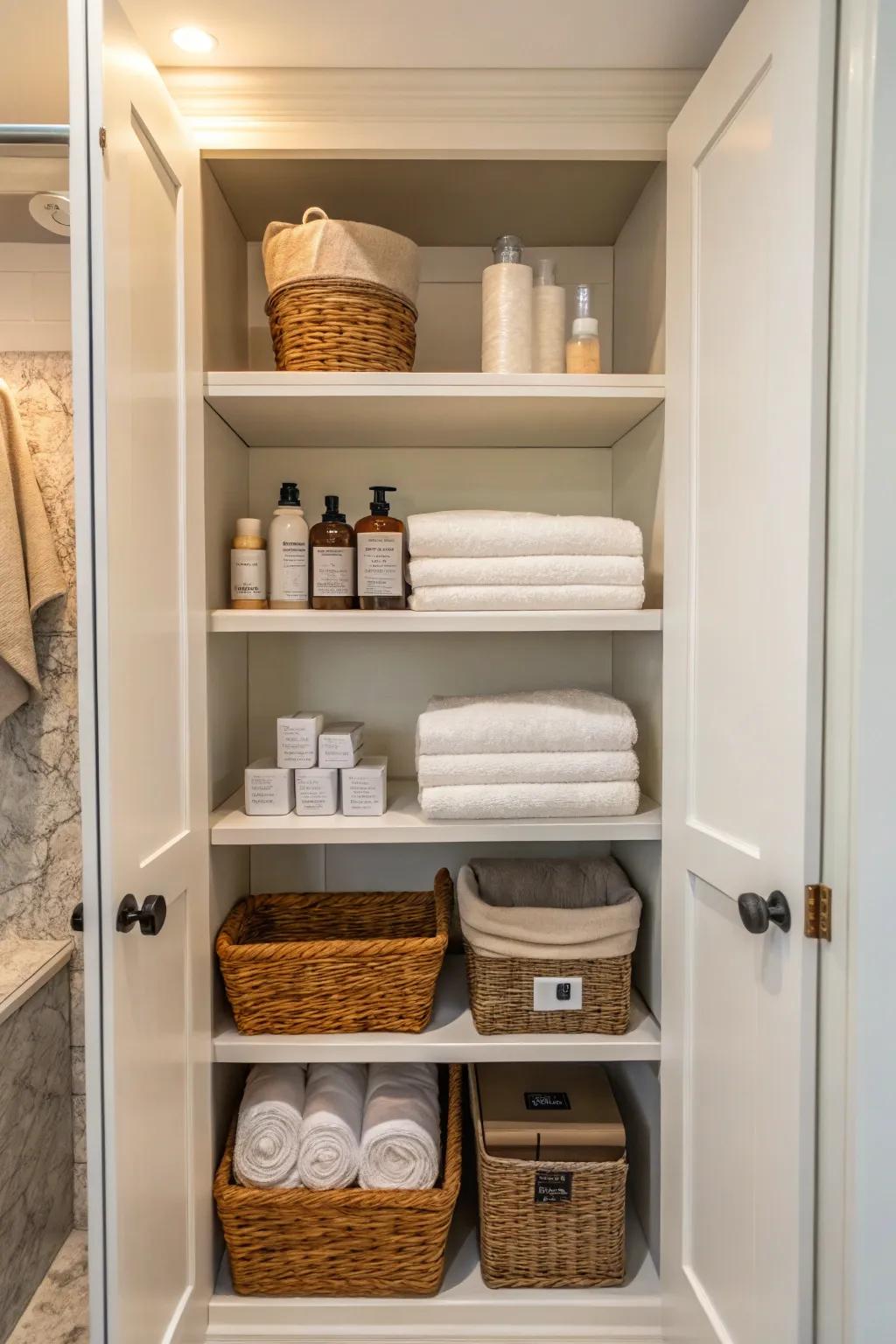 Maintain essential toiletries within immediate reach on open racks.