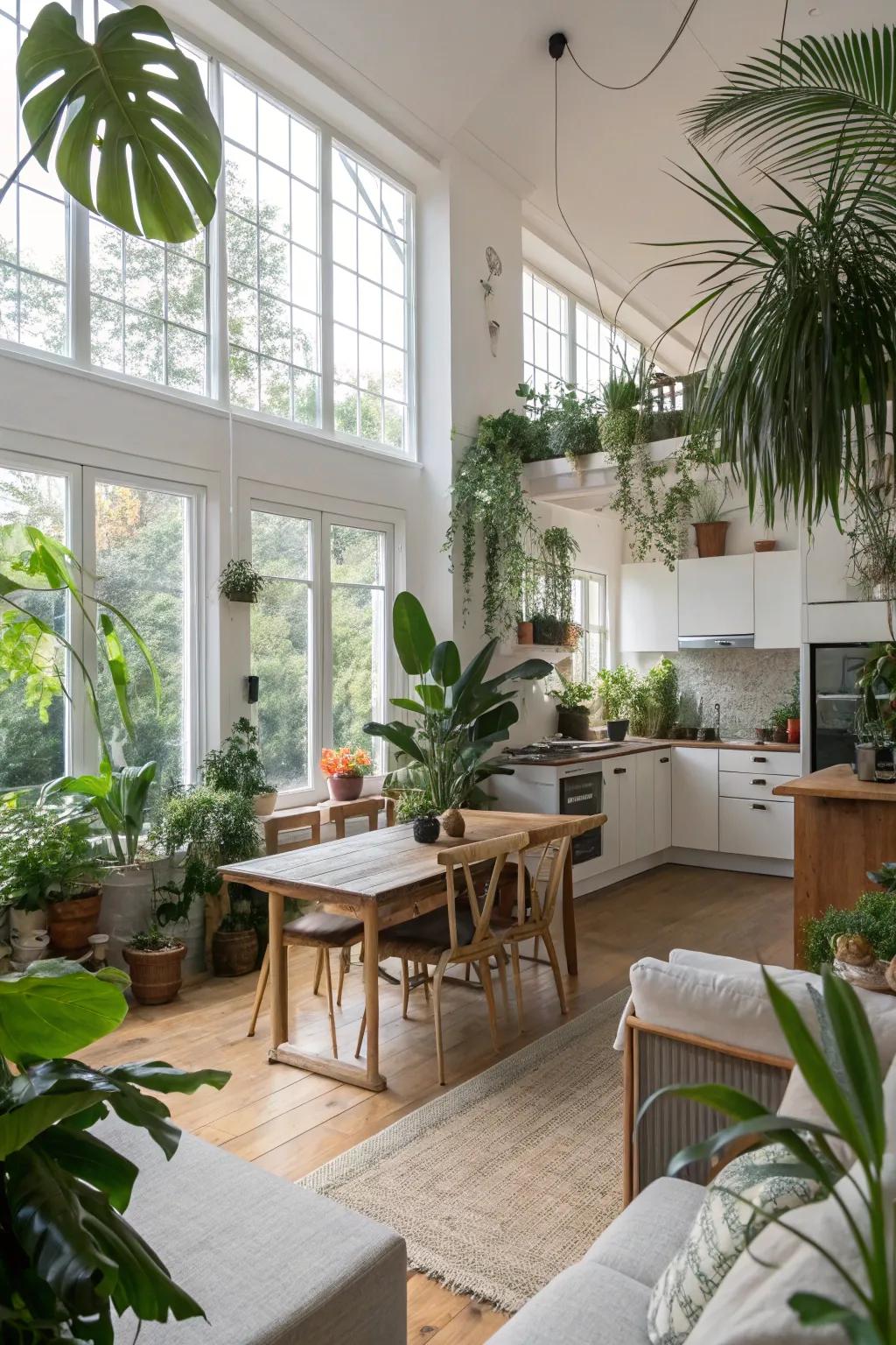 Greenery breathes life into an open kitchen and living room.