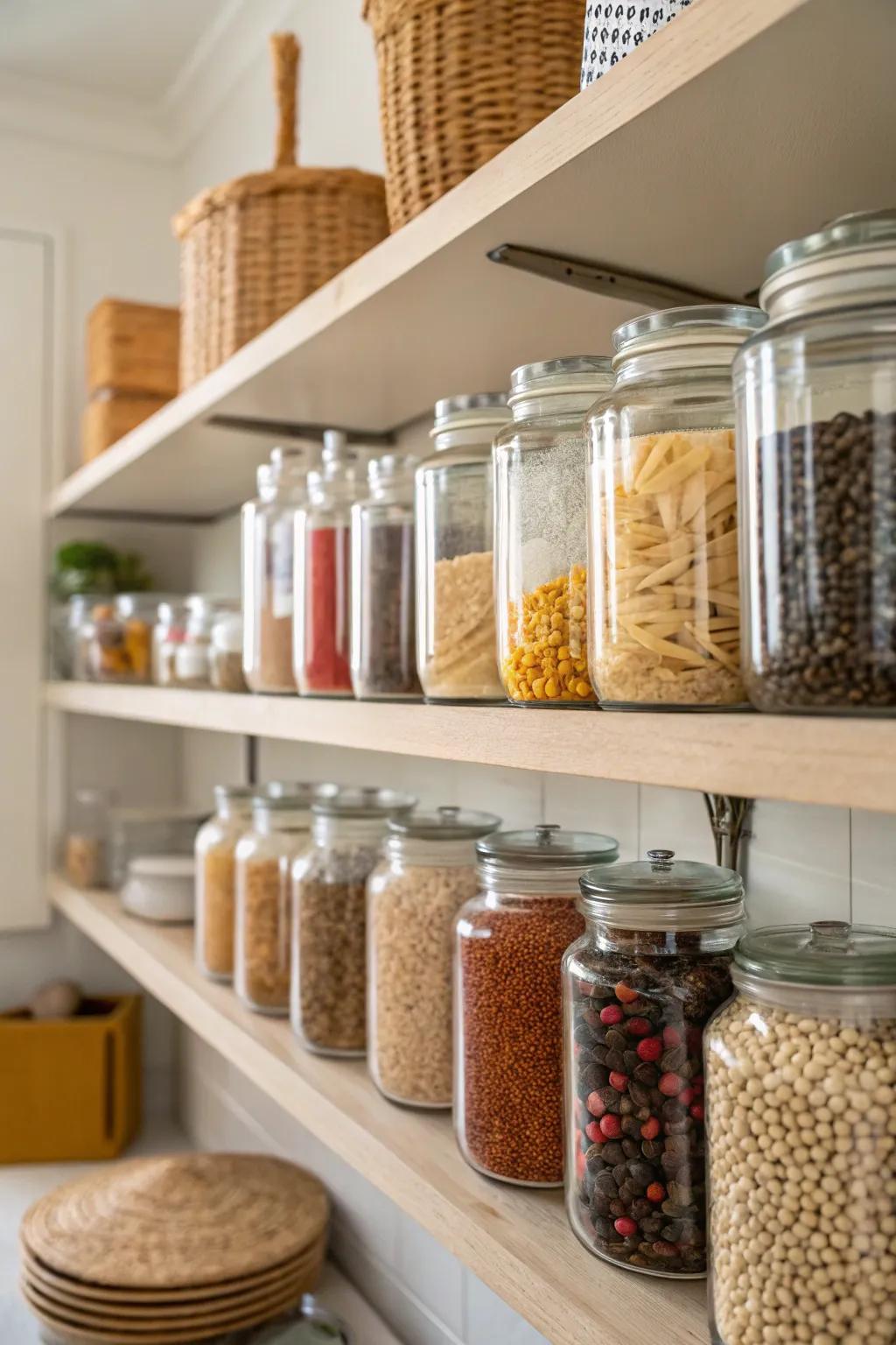 Glass jars offer clarity and freshness for pantry goods.