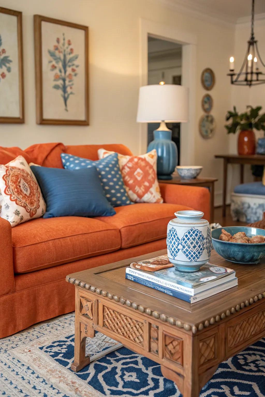 Azure and tangerine components come together for a stylish and balanced lounging space.