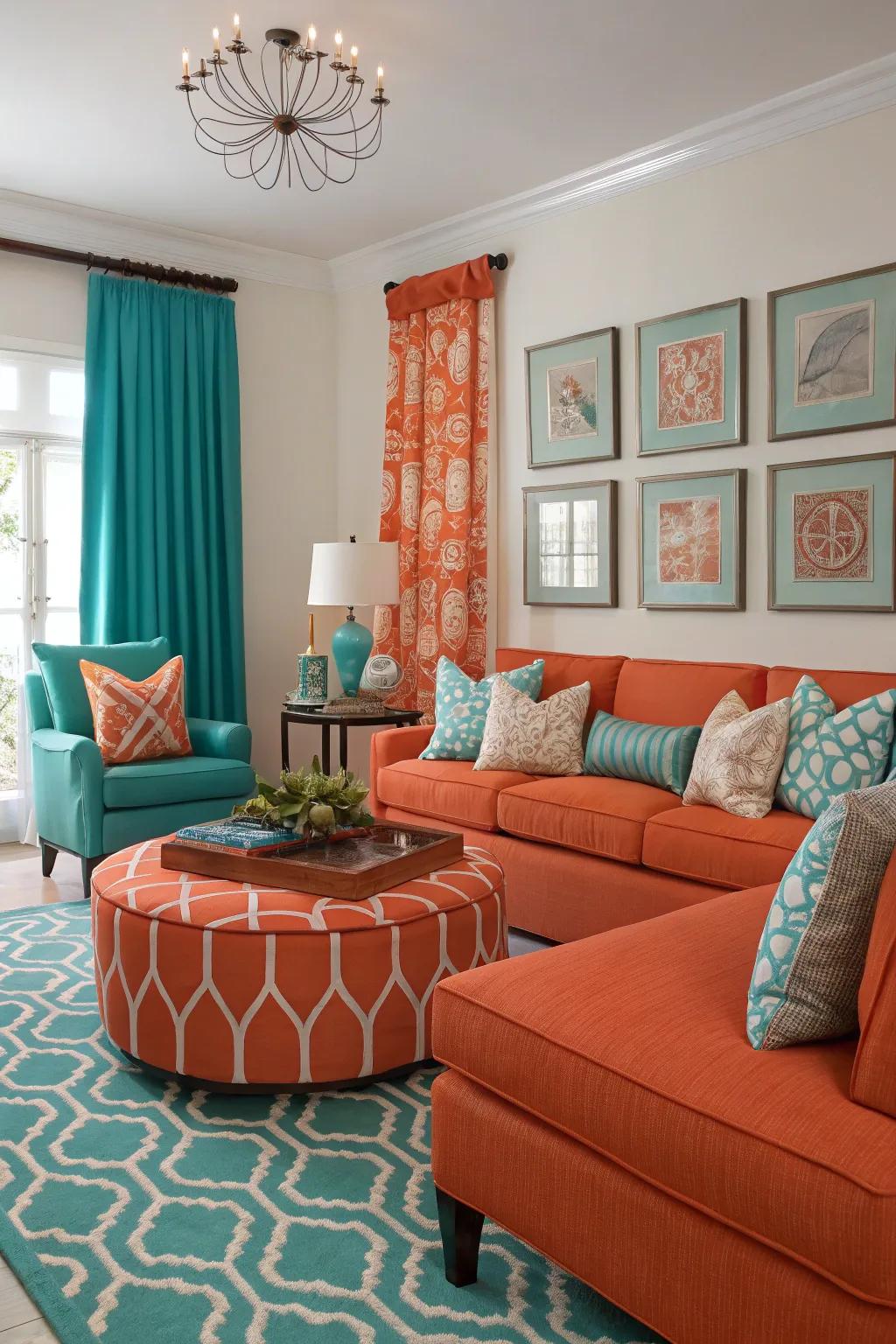 A vibrant living room that showcases a bold coral and teal color scheme.