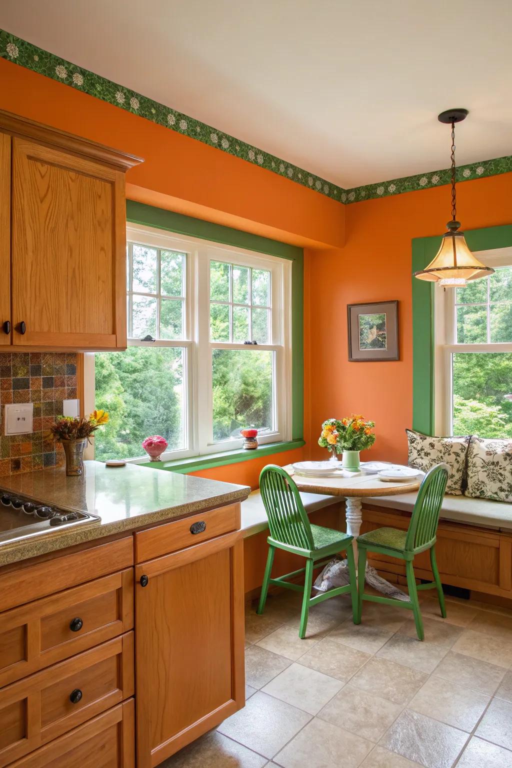 A kitchen radiates the charm of a sunny garden with its tangerine and emerald palette.