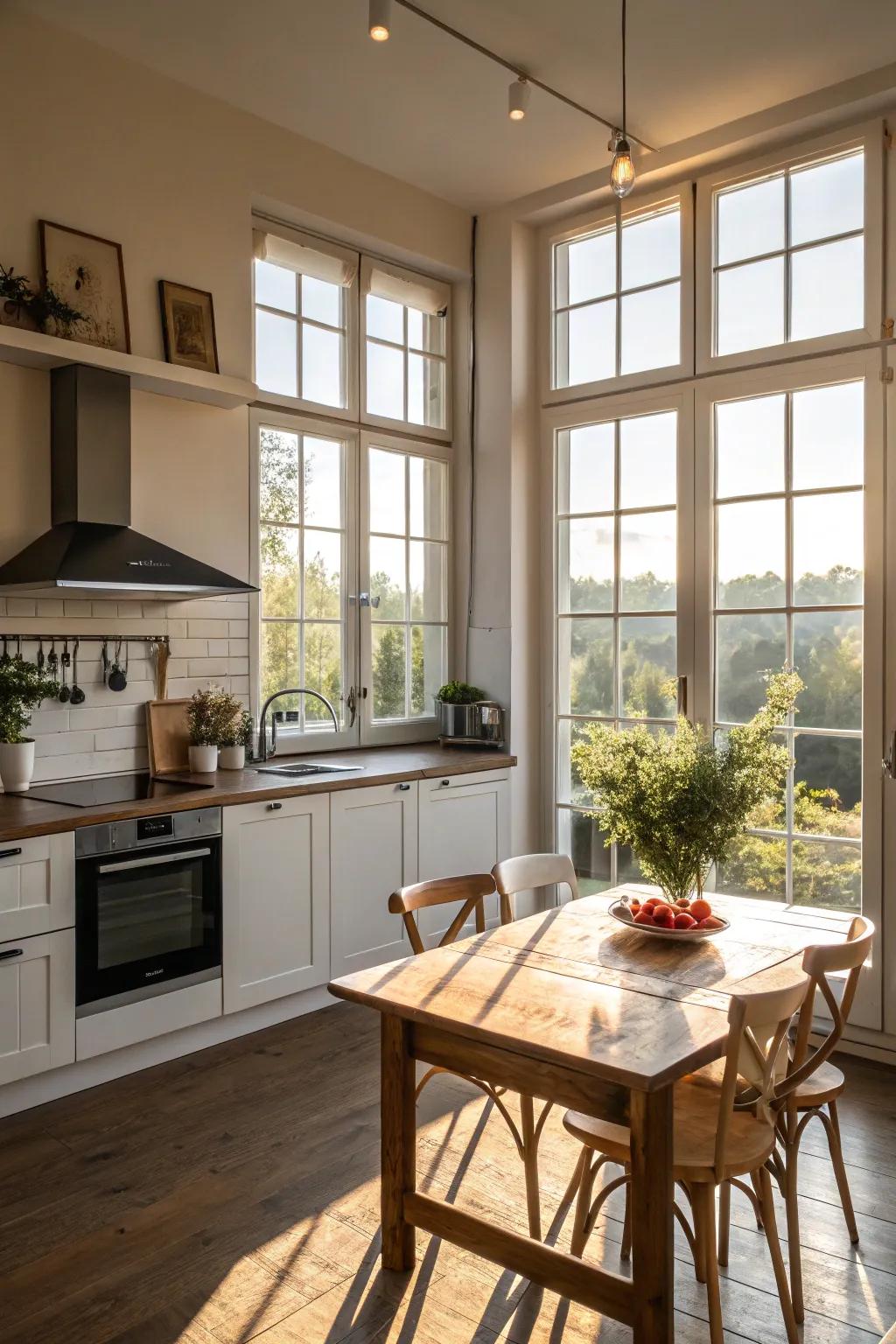 Sunlight enhances the natural ambiance and openness of the kitchen.