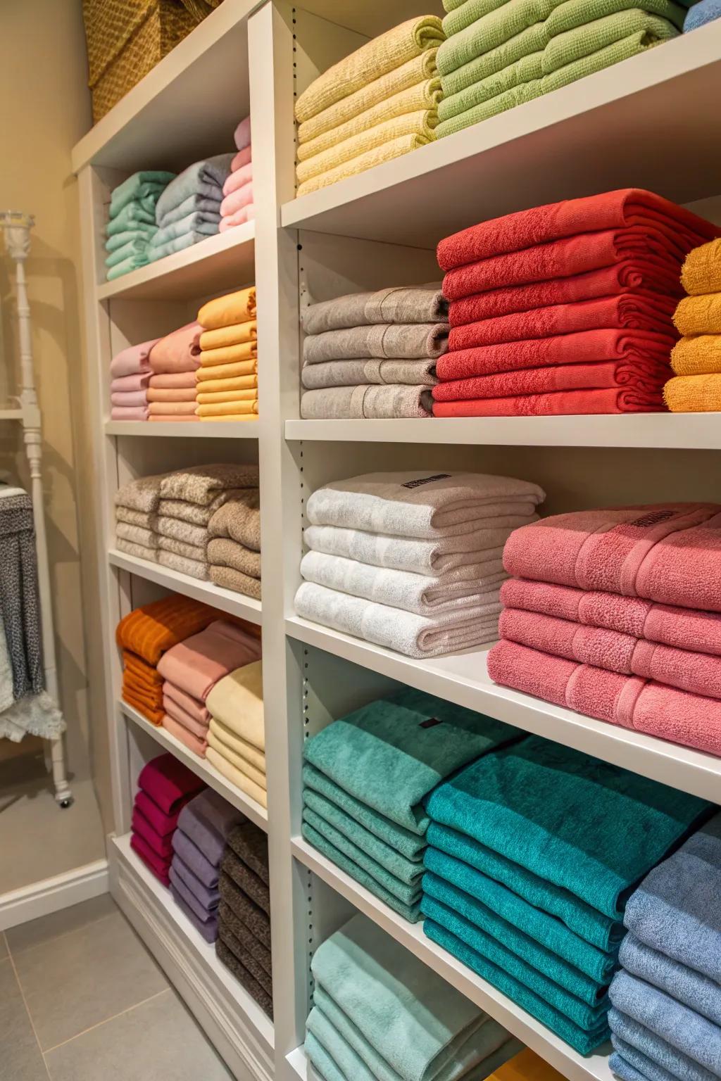 Linens organized by color create a sophisticated closet display