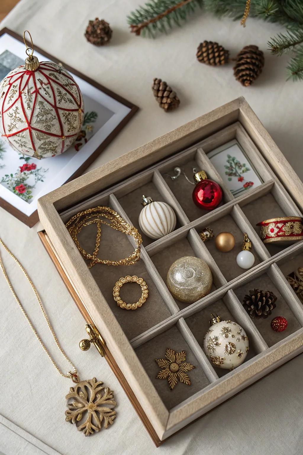 A personalized bauble presentation within an enclosed showcase.