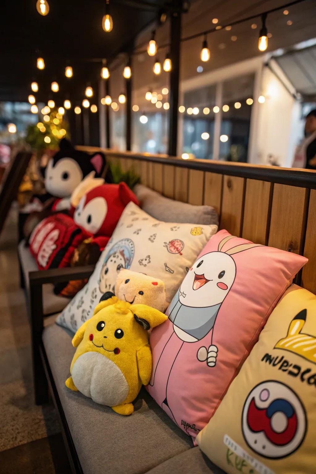 Pillows and plushies bring comfort and character to your area.