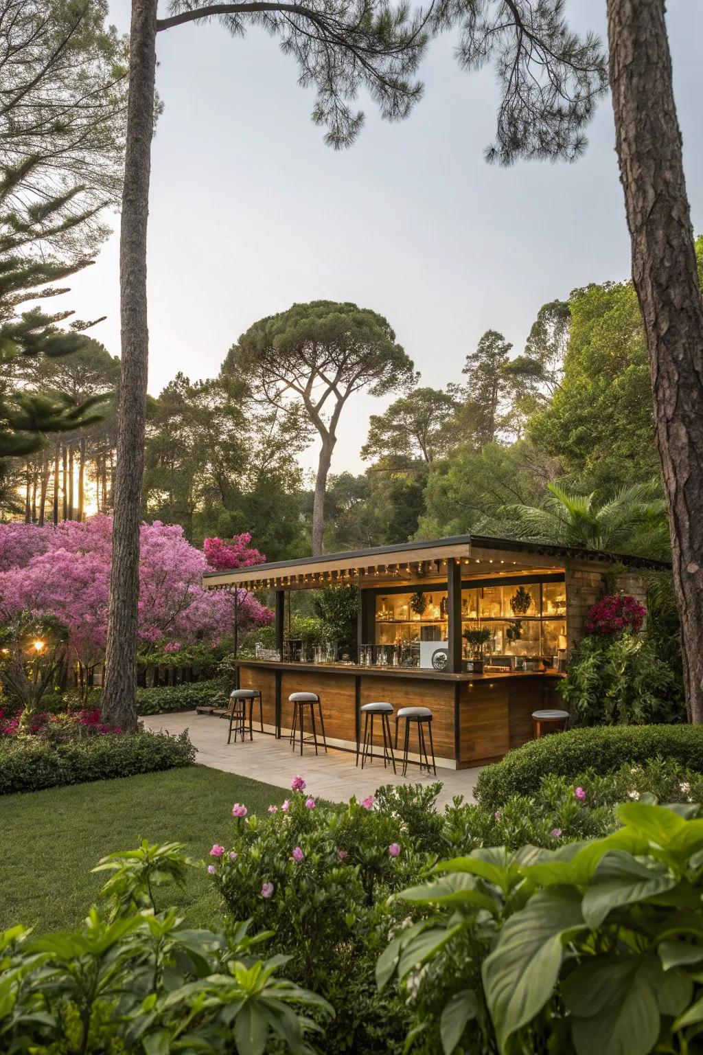 A garden-integrated bar offers a tranquil retreat.