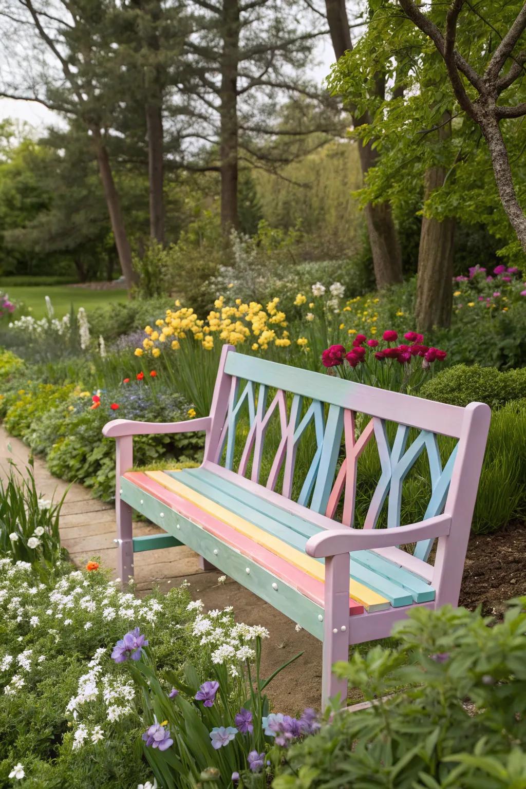 A bench colored in pastels brings a playful accent.
