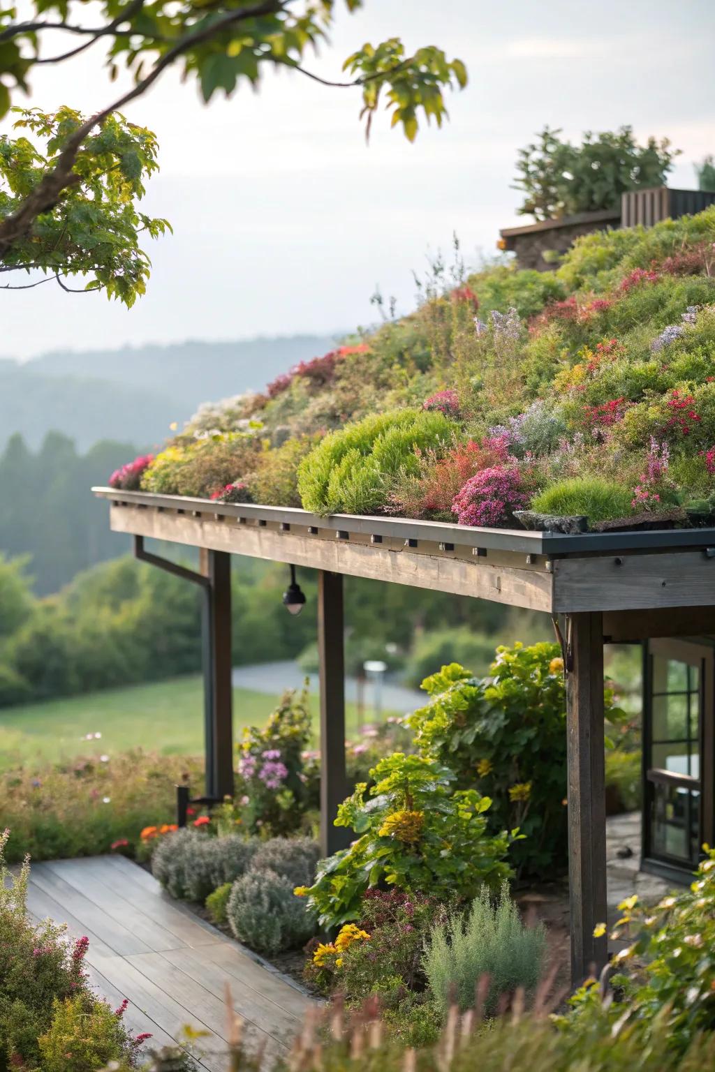 A verdant roof canopy merges beauty with ecological advantages.