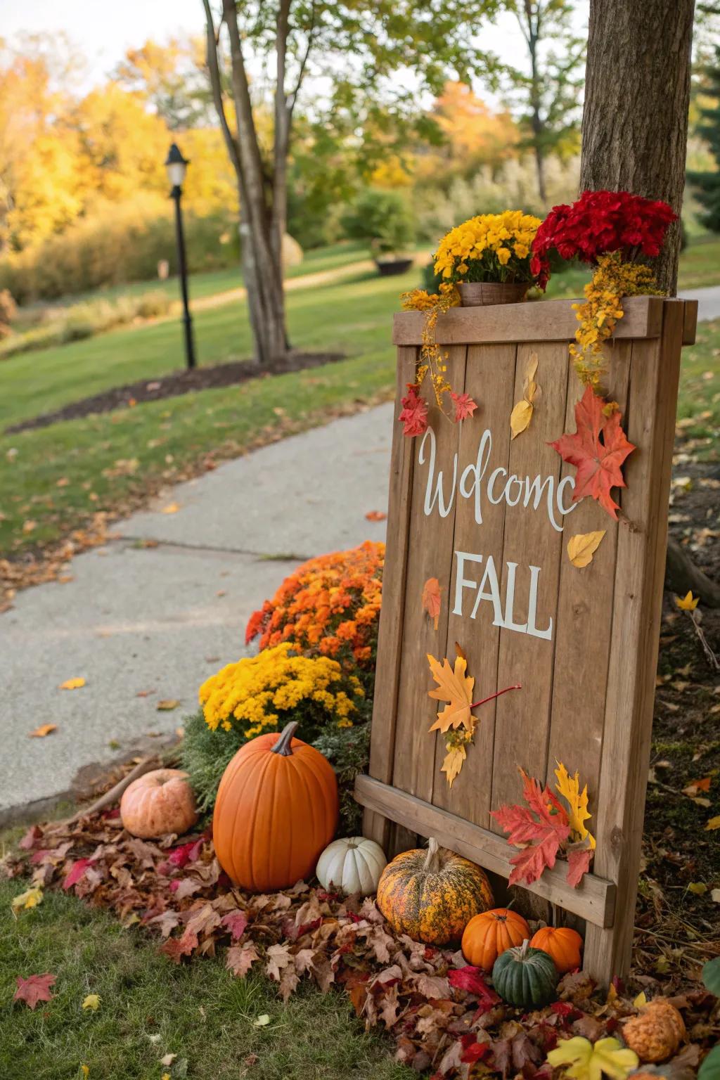 A hand-painted board salutes guests with a seasonal message.