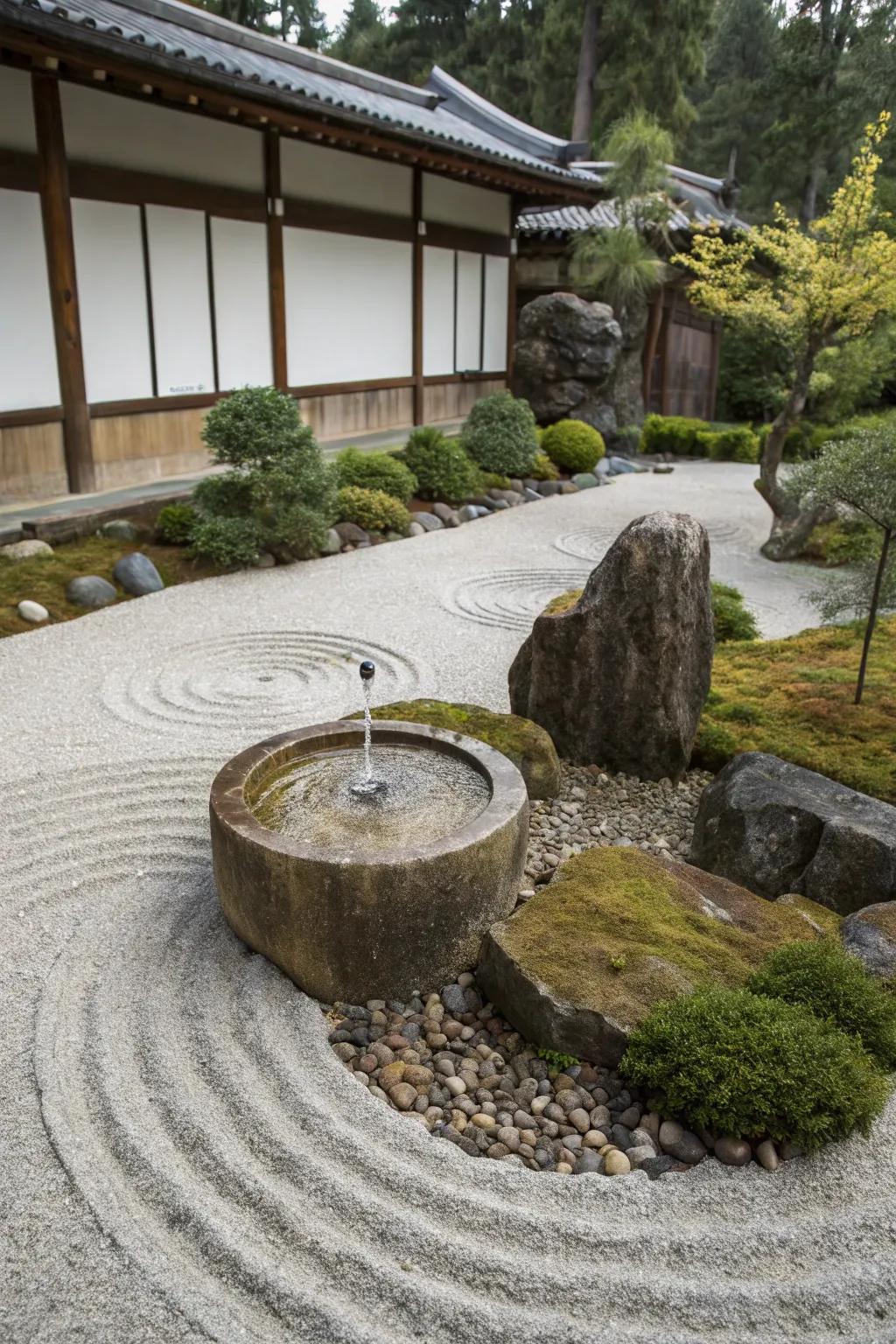 A Zen fountain crafting a tranquil garden sanctuary.