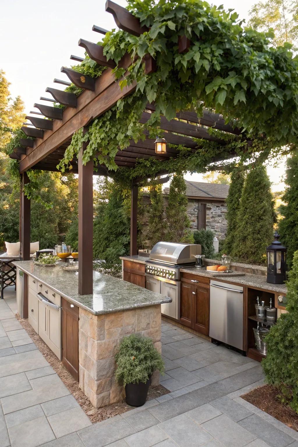 An outdoor kitchen island comfortably shaded by a stylish pergola, surrounded by greenery.