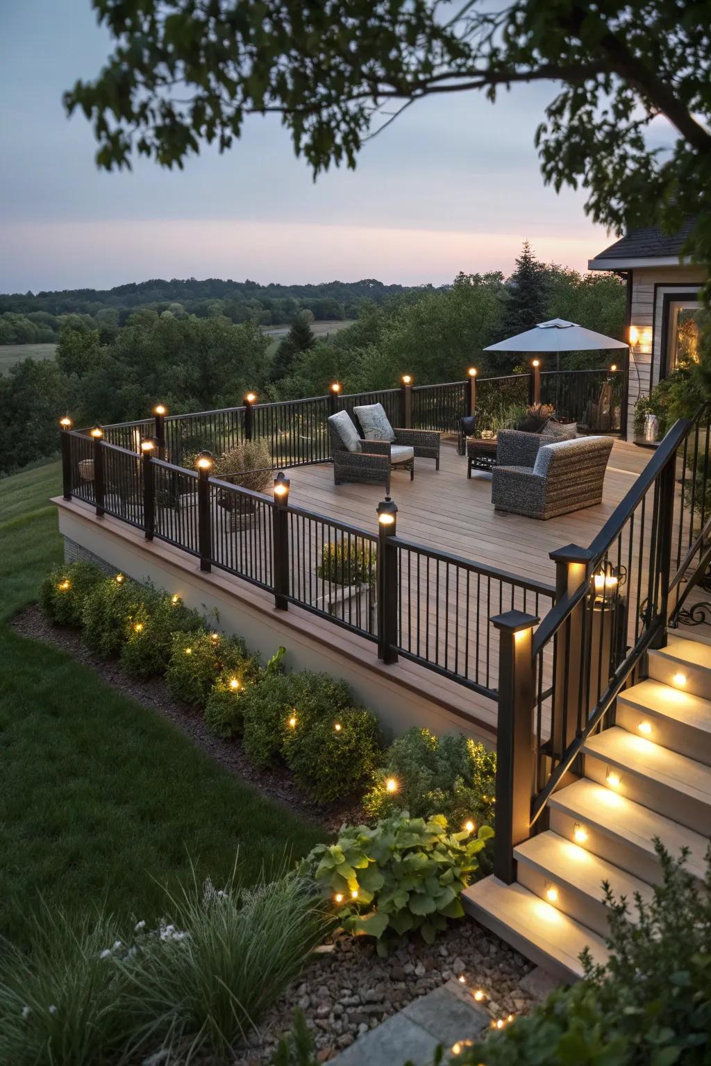 With muted under-rail lighting, you may improve your deck.