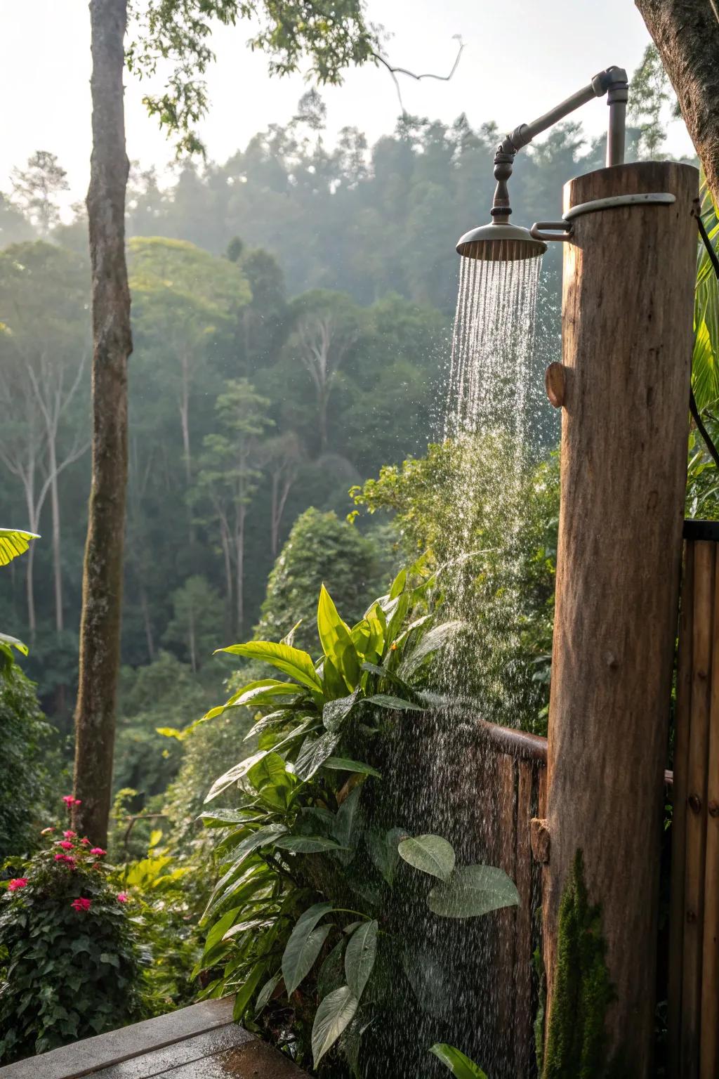An outdoor shower enveloped by vibrant flora.