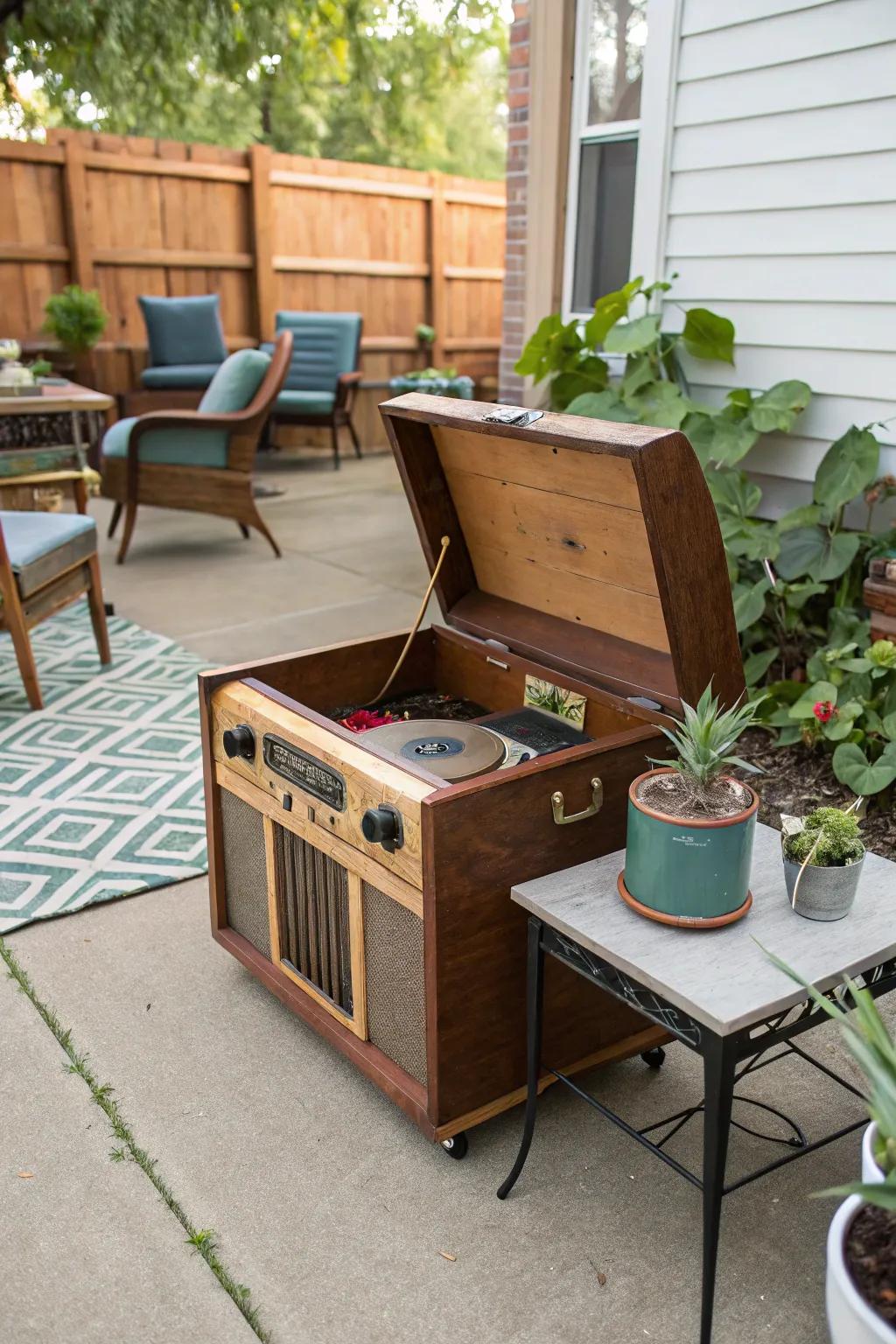 A vintage trunk brings personality and history to your outdoor audio setup.