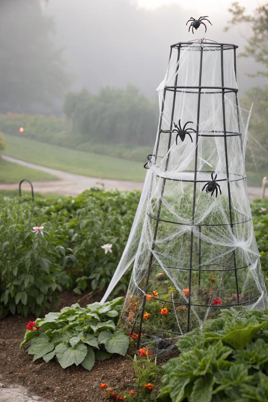 Enter the spider's den with this webbed plant support decoration.