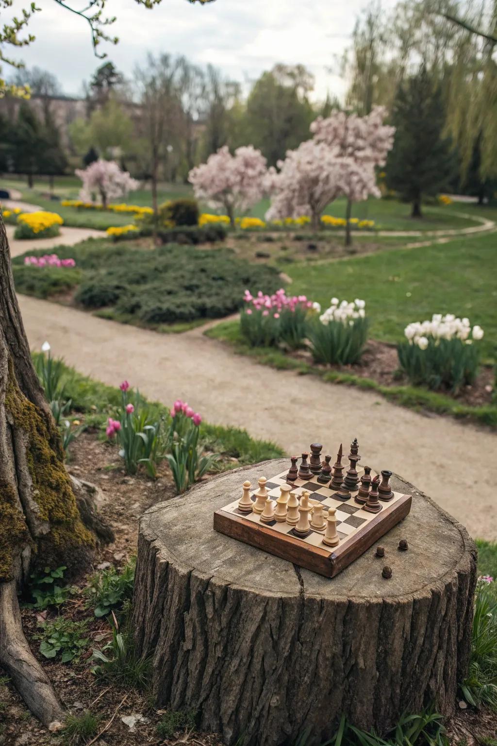 A stump-turned-gaming surface encourages outdoor fun and games.