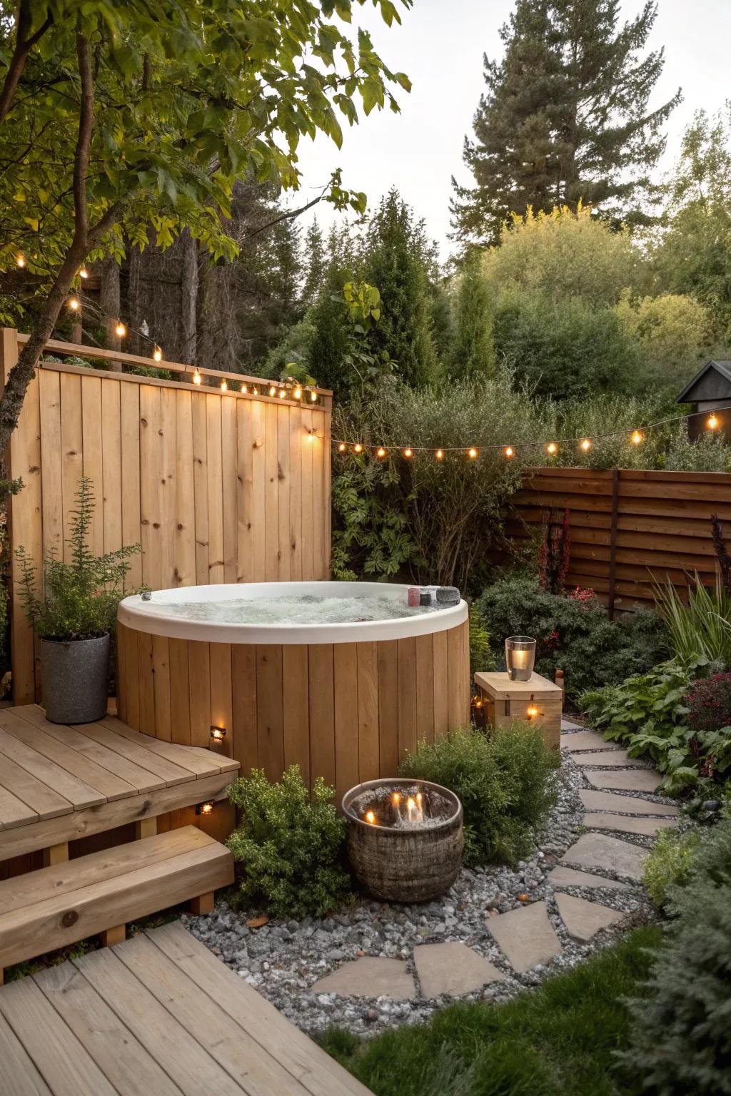 Introduce comfort using wooden surrounds for a cozy outdoor bathing experience.