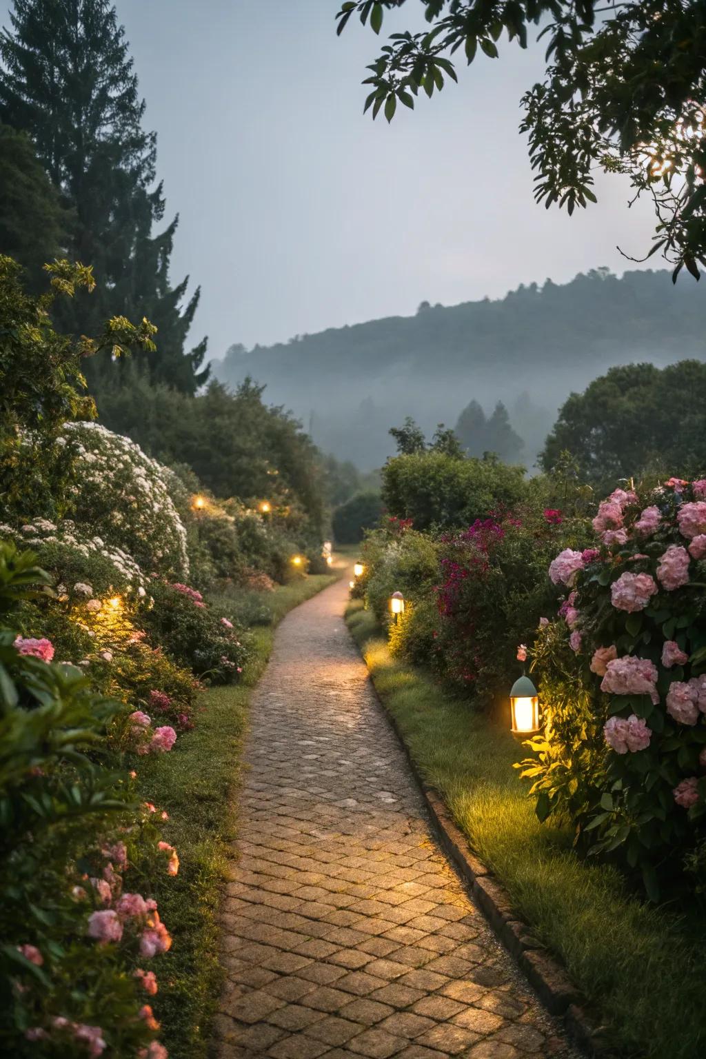 Warm background lights for a cozy path.