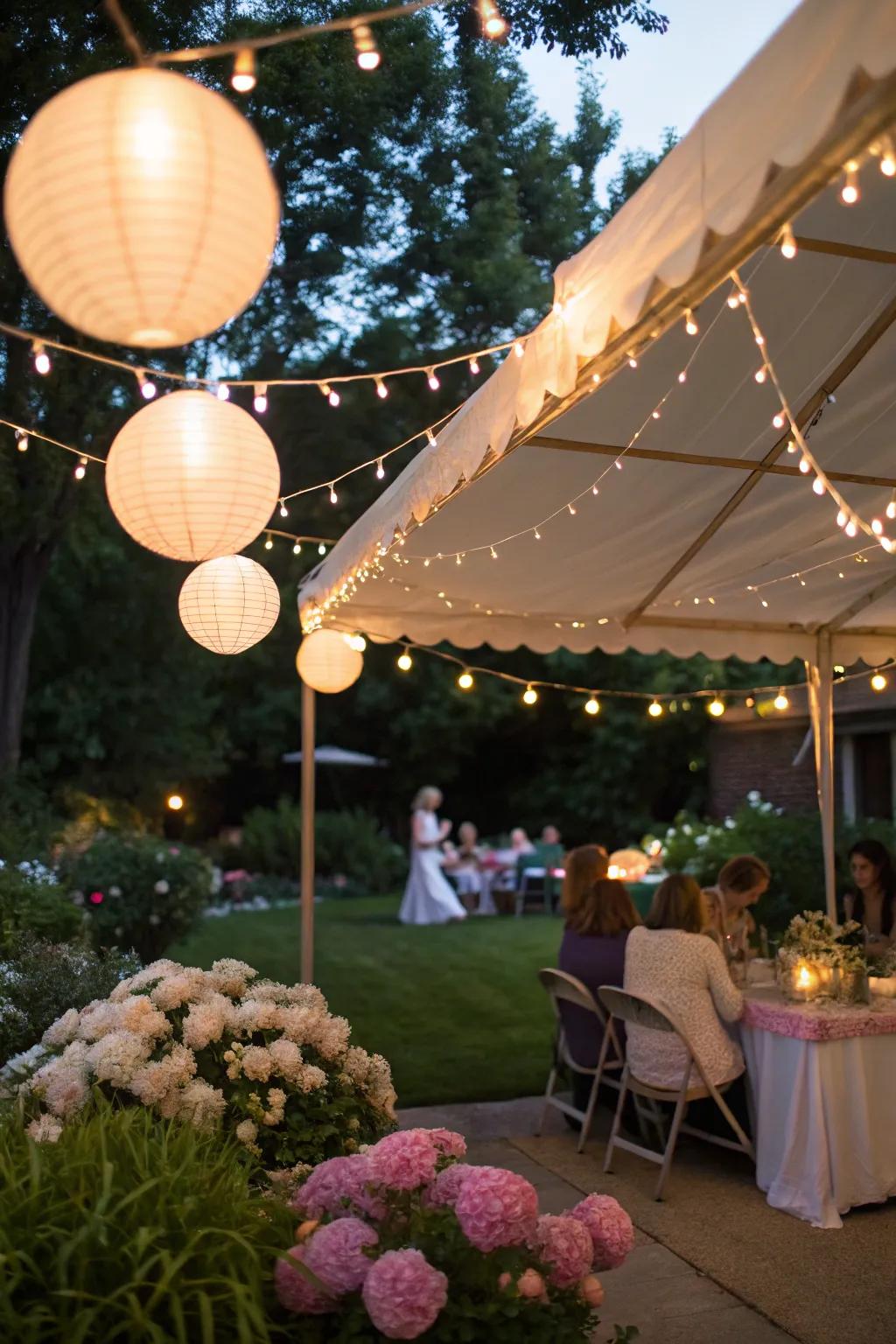 Ambient illumination establishes a magical atmosphere for a night time baby shower.