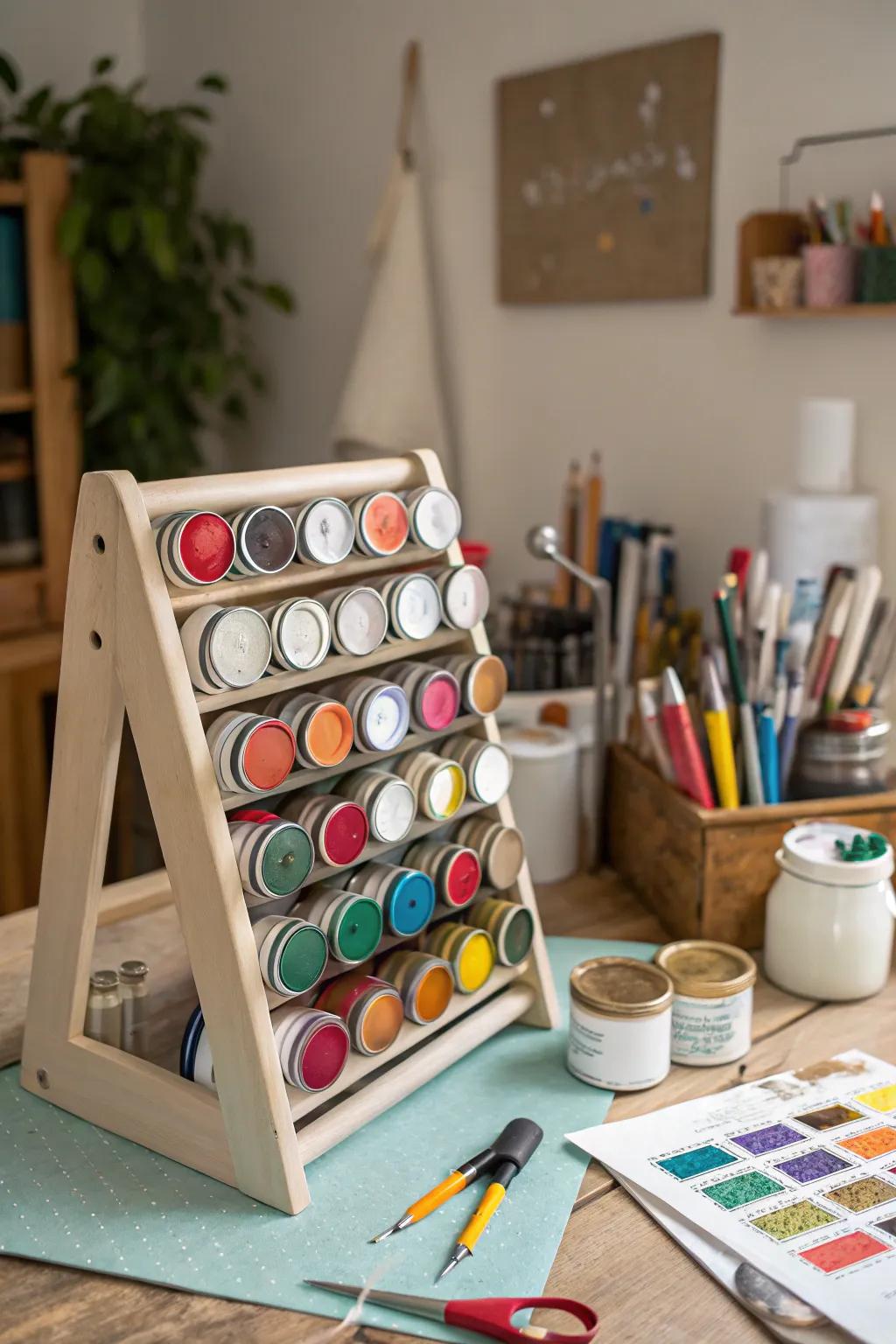 A spice rack repurposed as a paint can stand in a home studio.