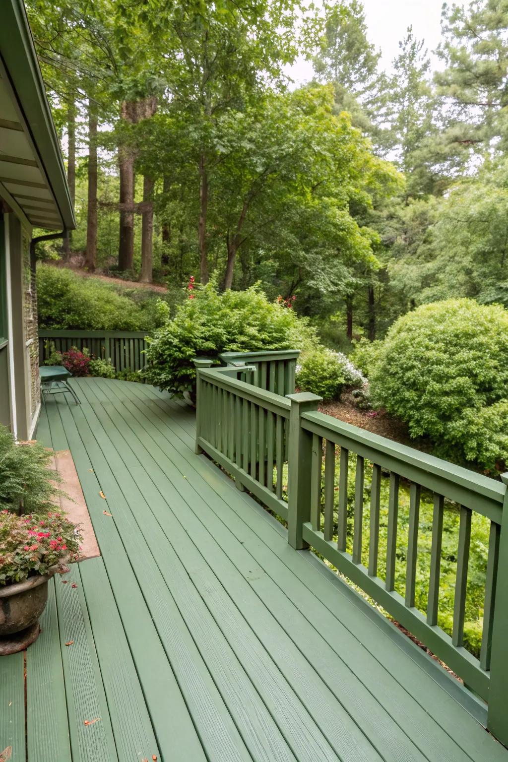 A deck in down-to-earth verdant tones, merging seamlessly with the natural environment.