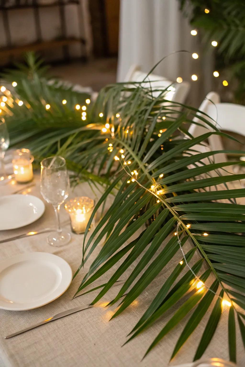 Tiny lights contribute a magical touch to frond centerpieces.