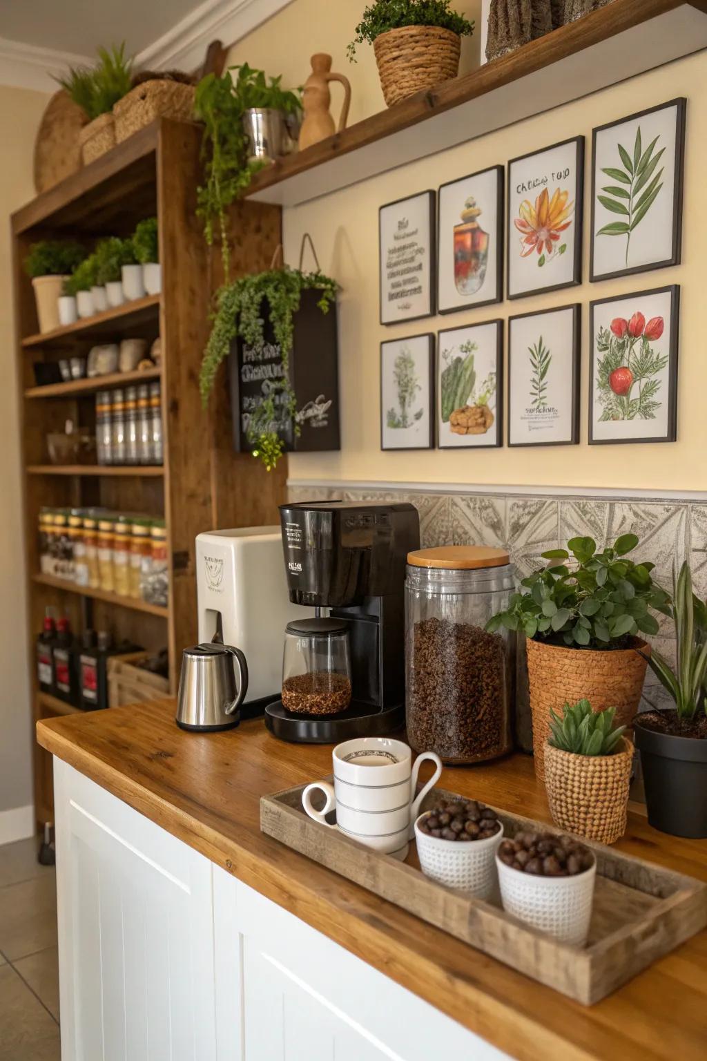 Decorative elements bring personality and warmth to a coffee bar.