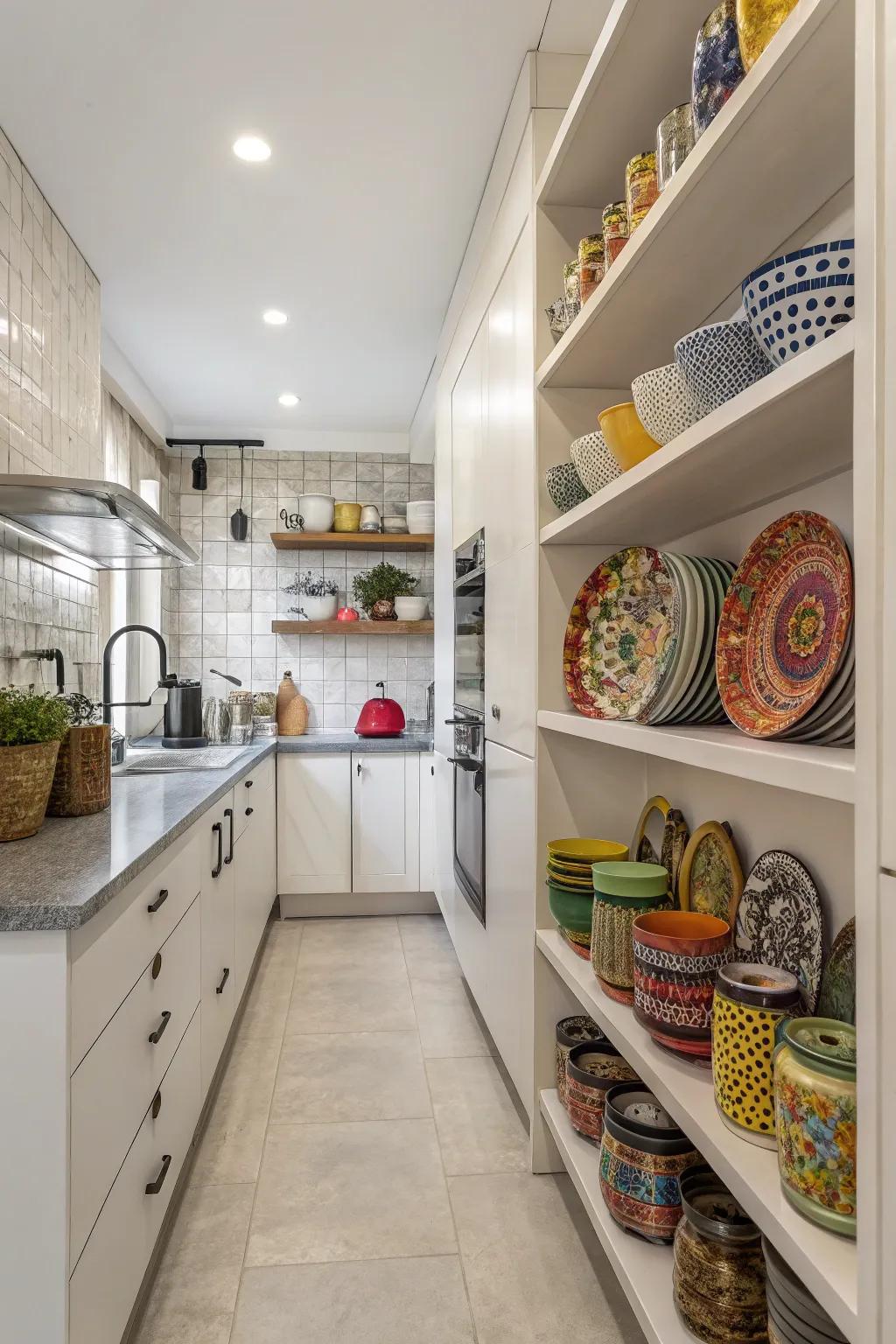 Visible shelving introduces both panache and practicality.