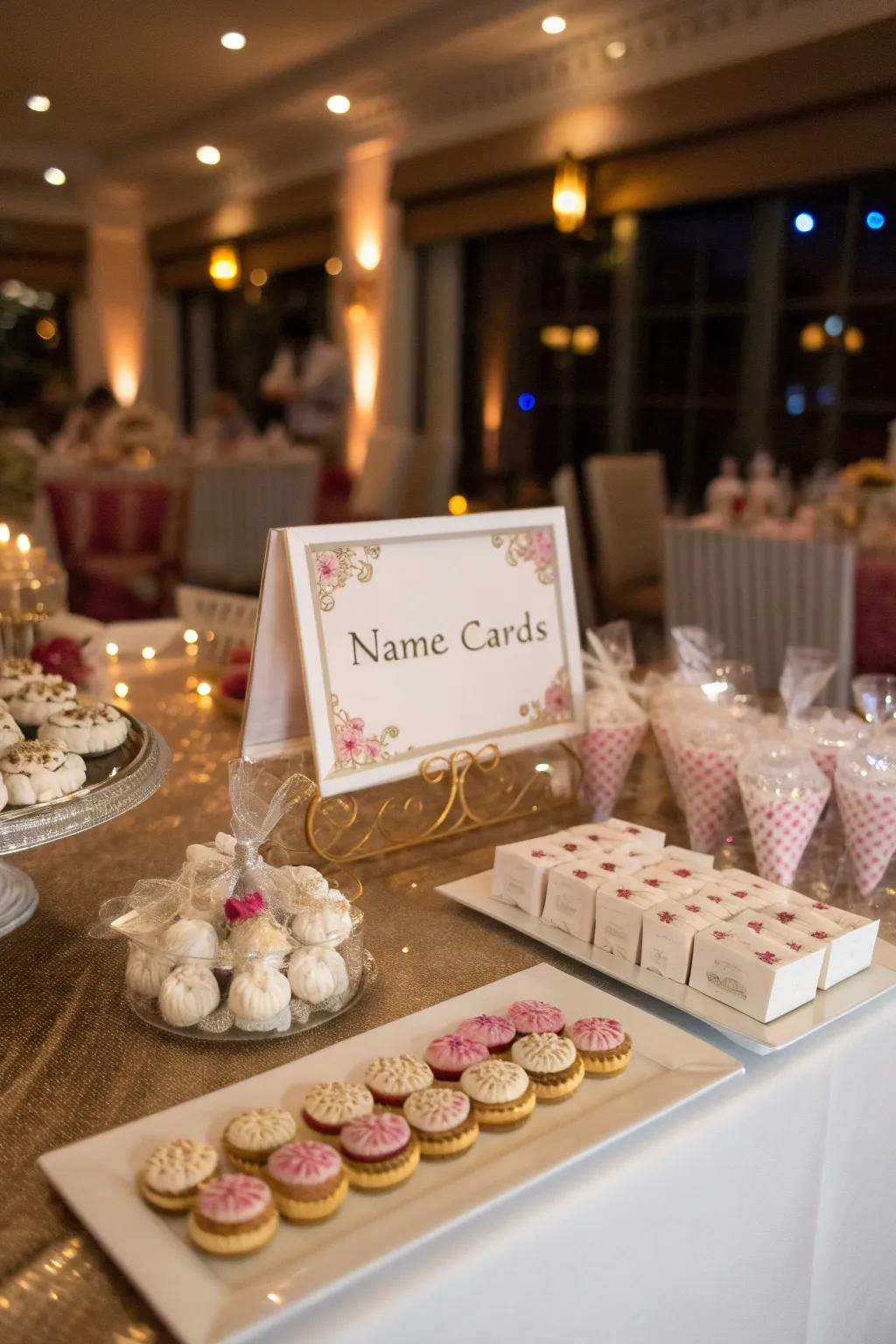 Personalized name cards and themed favors adding a special touch to the table