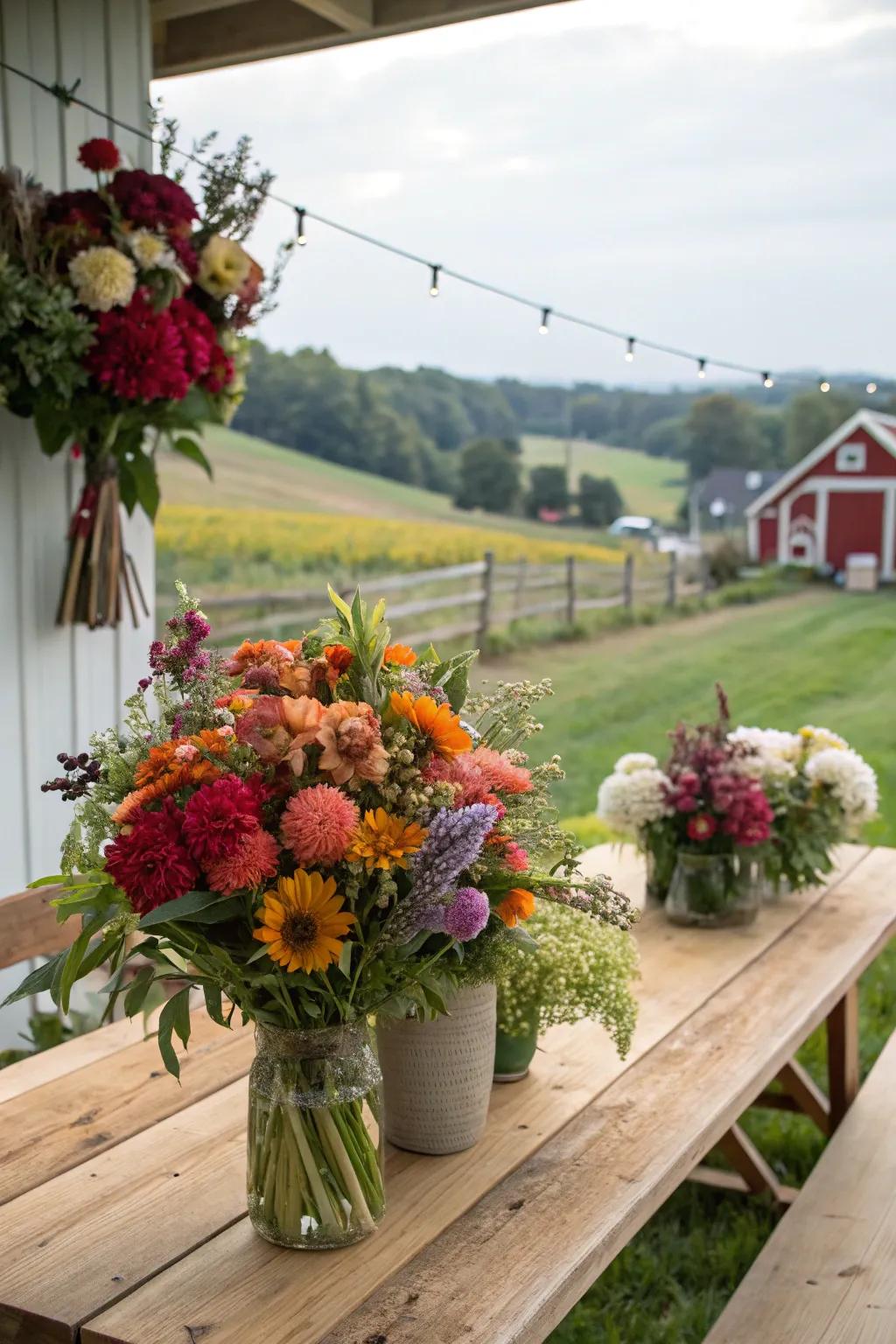Local blooms in garden-to-table arrangements.