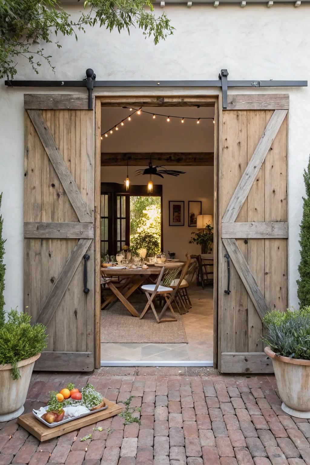 Sliding barn doors usher rustic charm to your patio entrance.