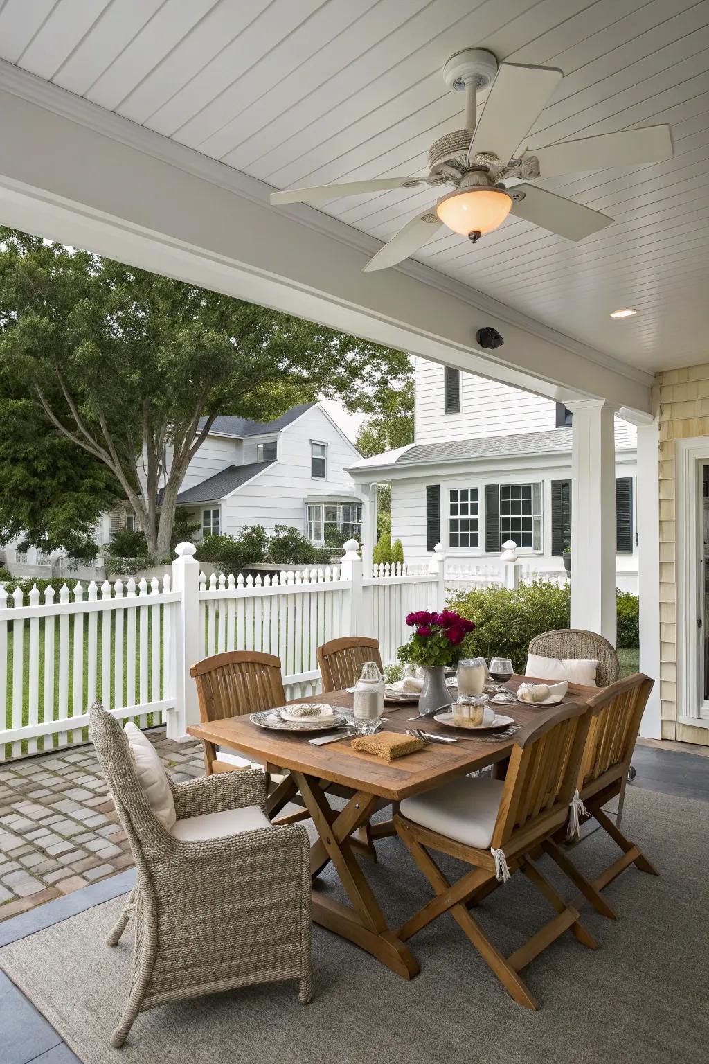 A traditional patio featuring a classic white ceiling fan.