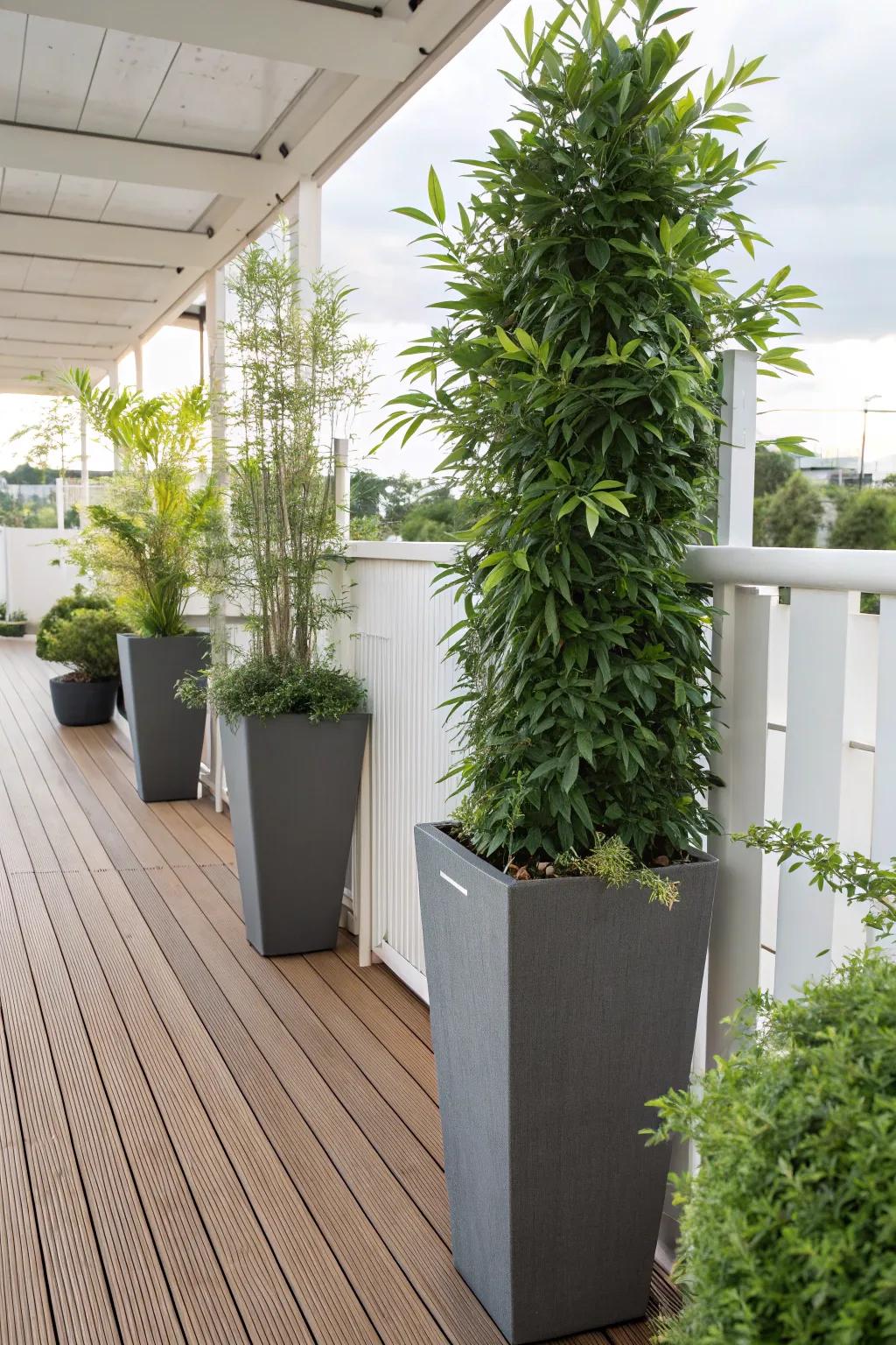 Tall planters serving as natural dividers on a patio.