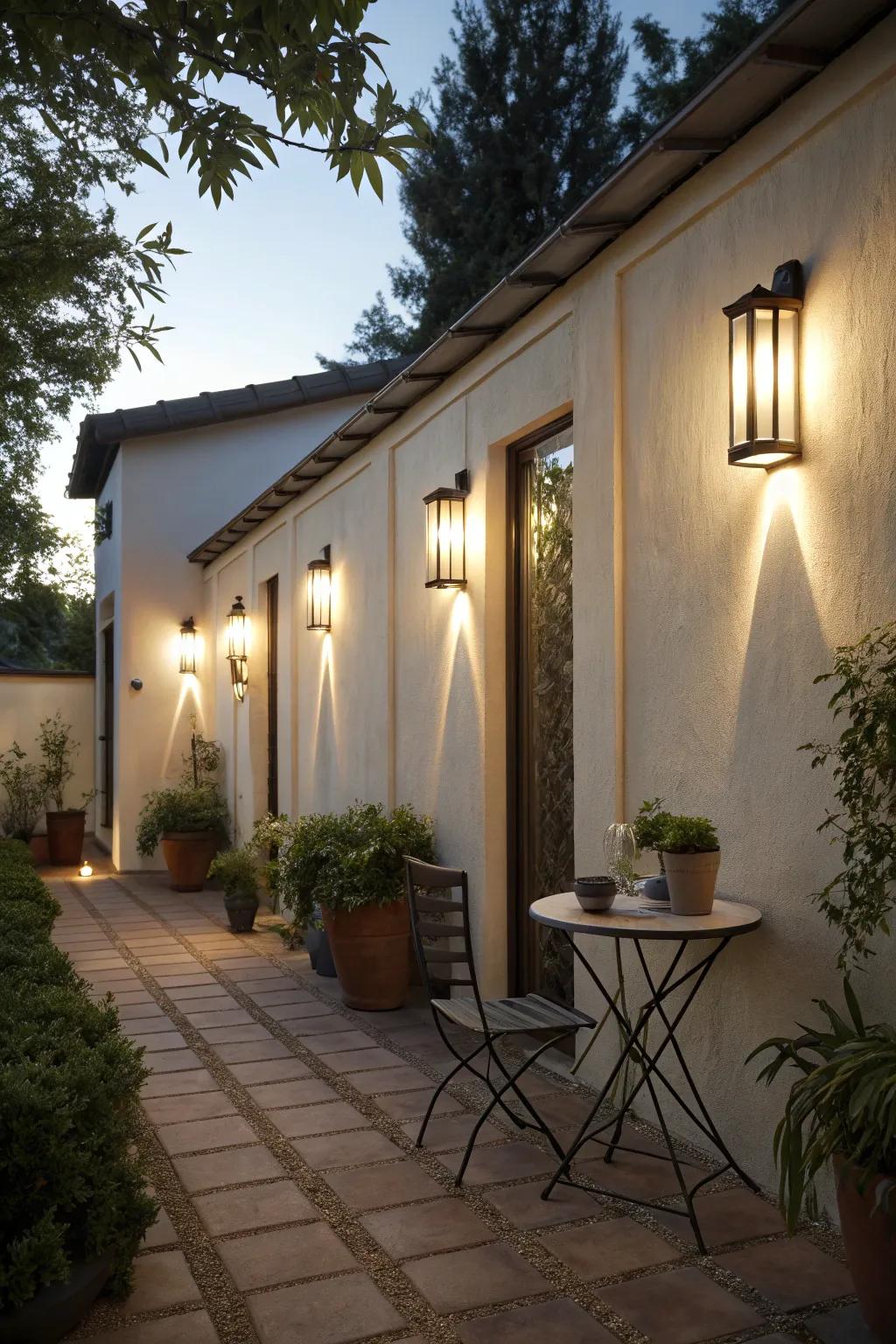 Wall-secured lights enhance standing surfaces and complement outdoor spaces.