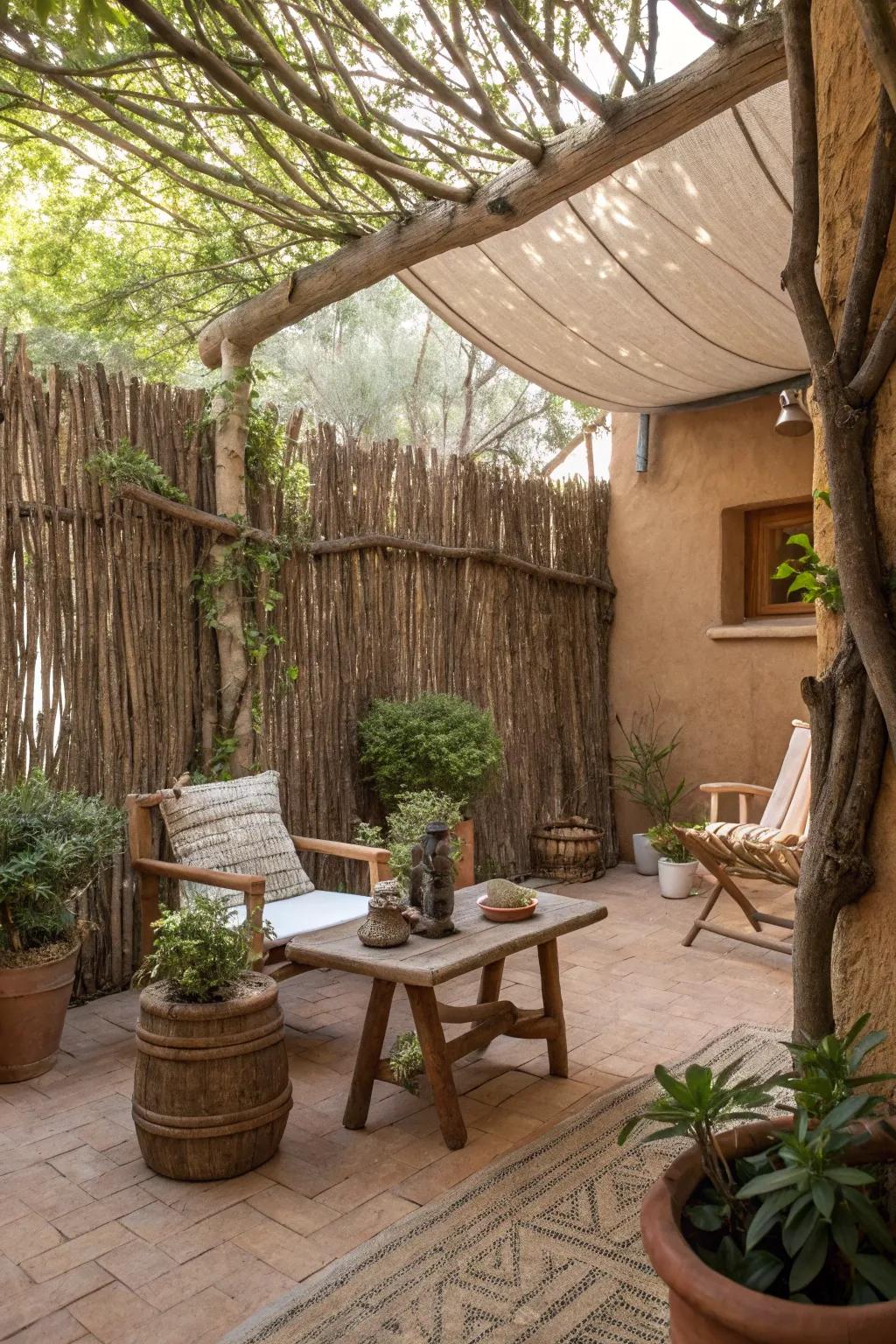 Natural textures bring a rustic feel to seclusion, blending perfectly with the outdoors.