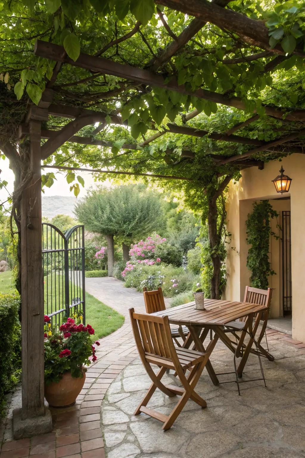 Trellises covered in greenery bring natural shade to your patio.
