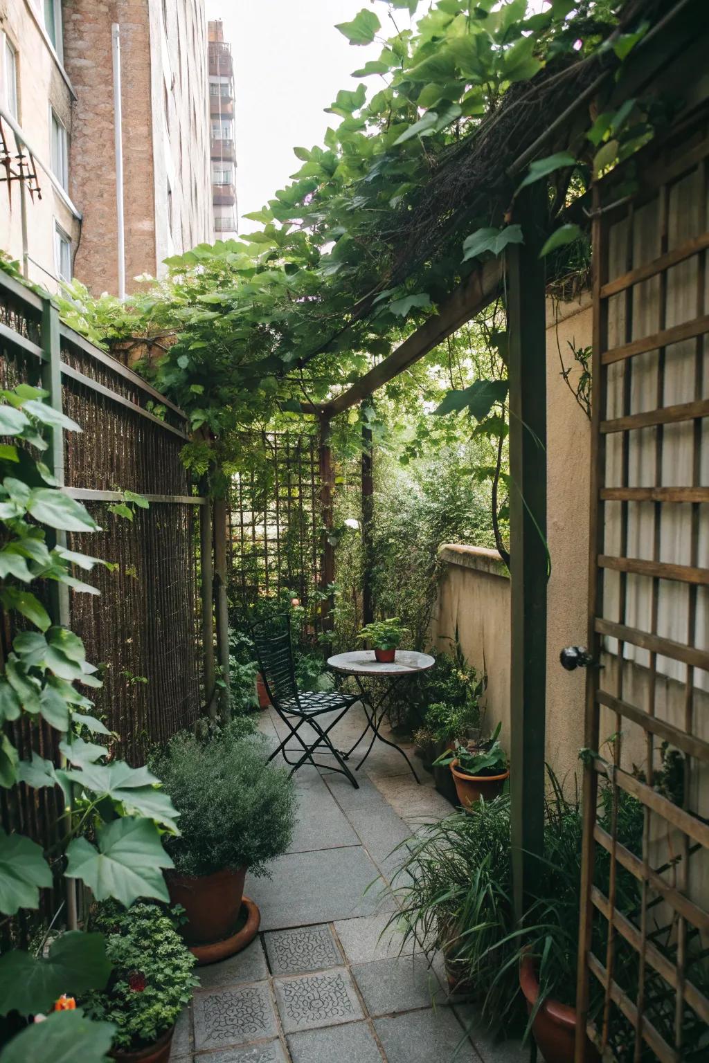 Tall plants and trellises turn a small patio into a secluded retreat.