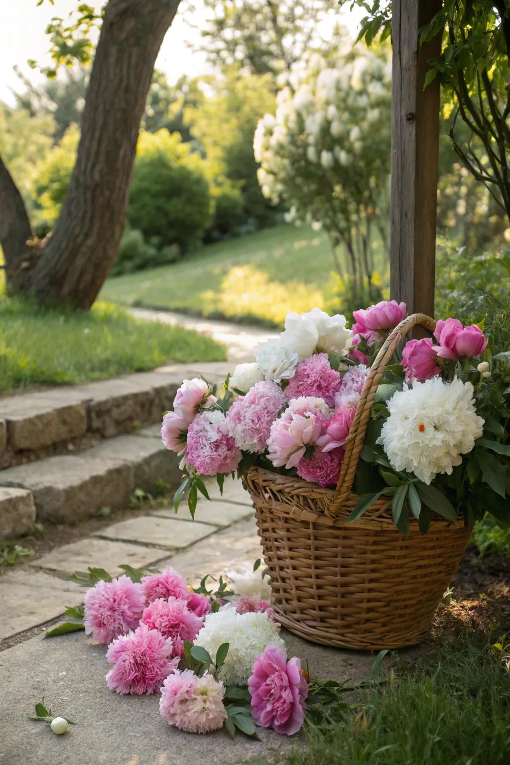 Personal elements such as peony baskets give charm to the garden.