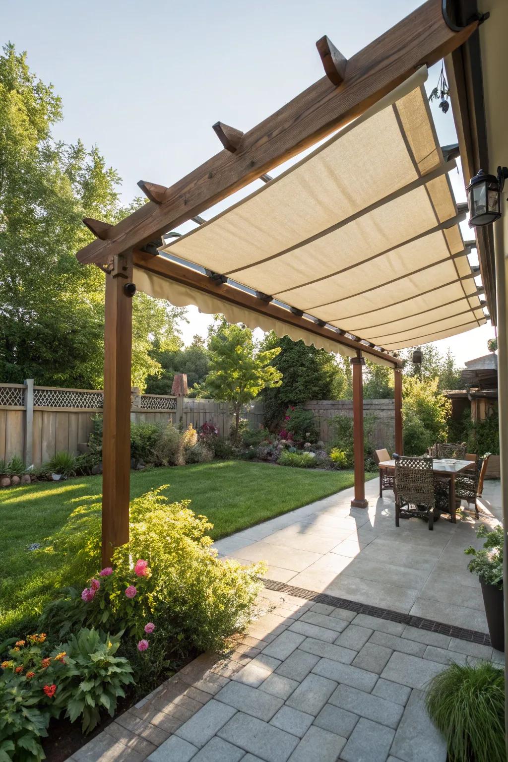 A rolling blind offers flexibility for your arbor area.
