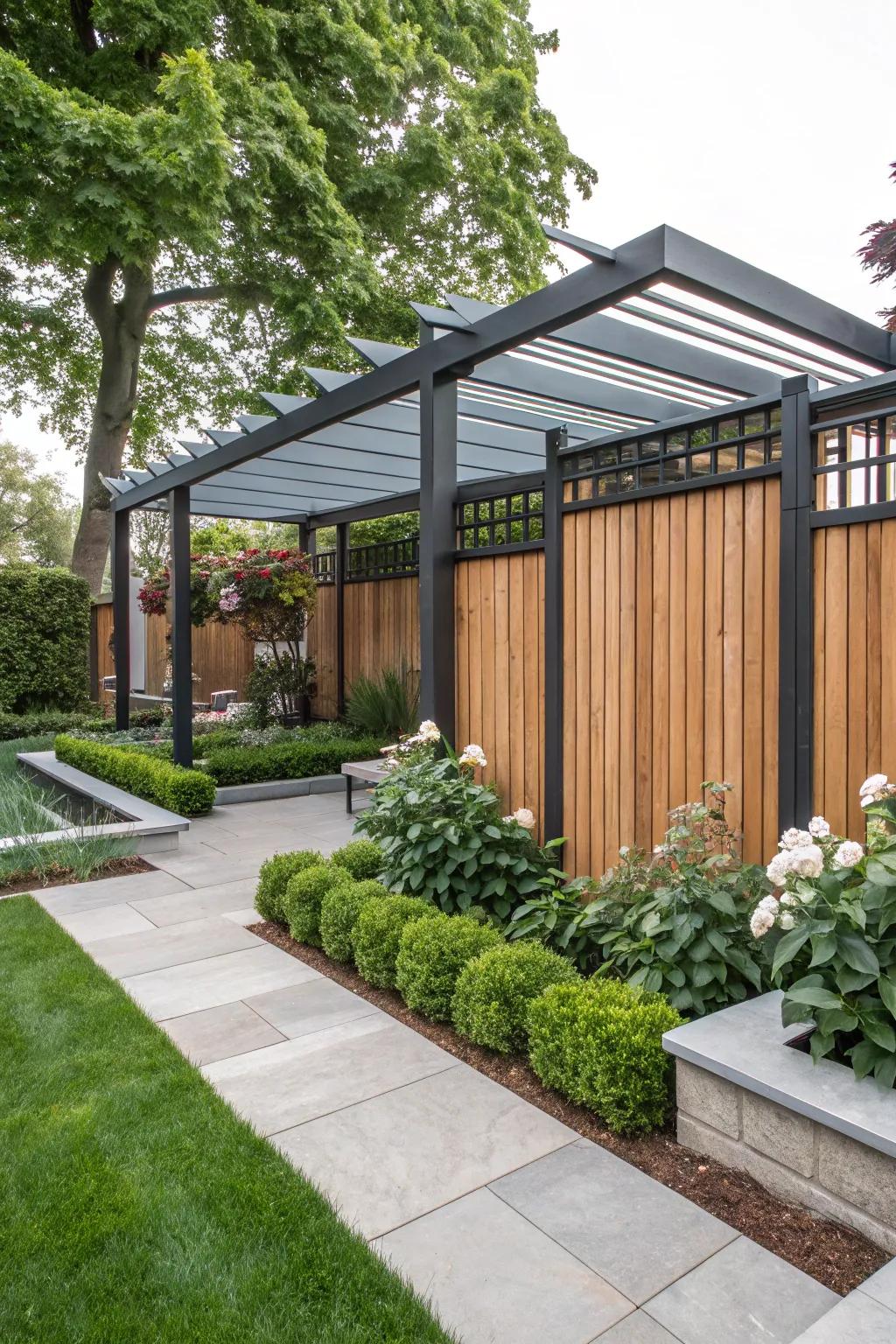 Mixed materials offer a creative and dynamic privacy solution.