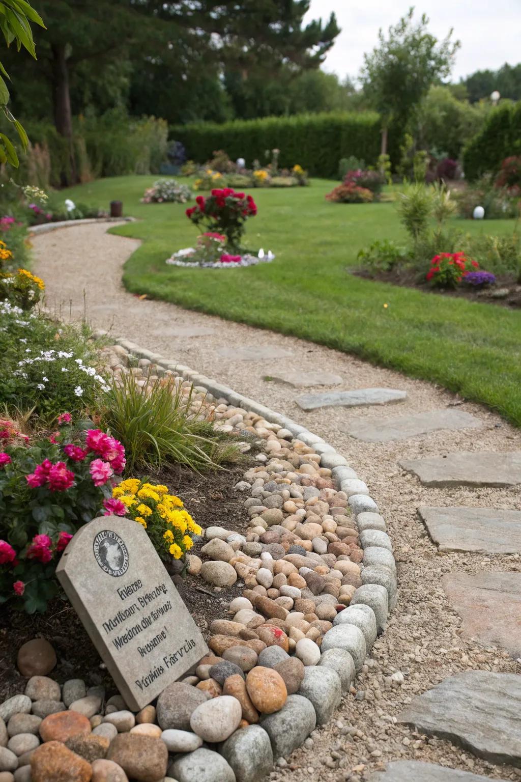 A pebble path gently leads to a special memorial corner in the garden.