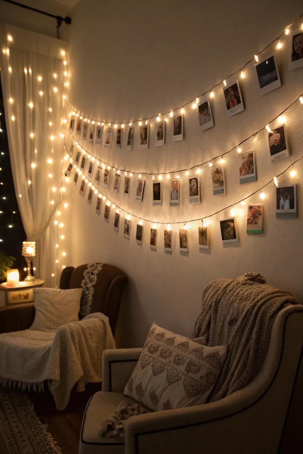 A remembrance lane chain featuring images and twinkling lights.