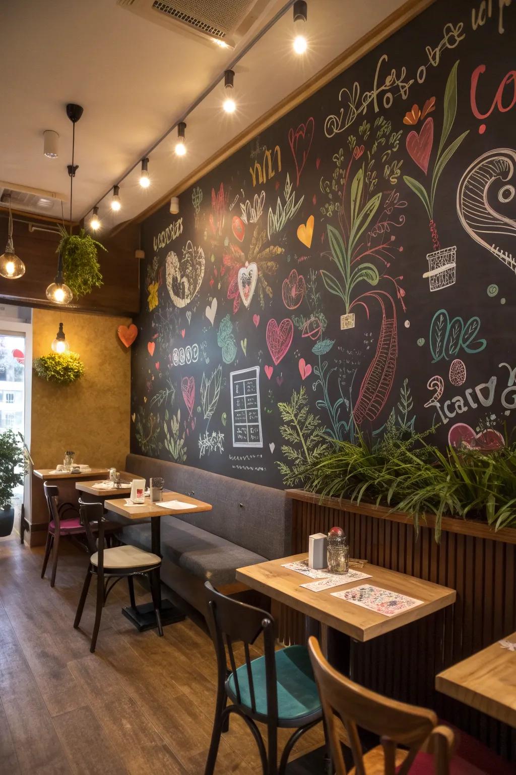 A chalkboard wall abundant with colorful doodles and messages, inviting ingenuity.